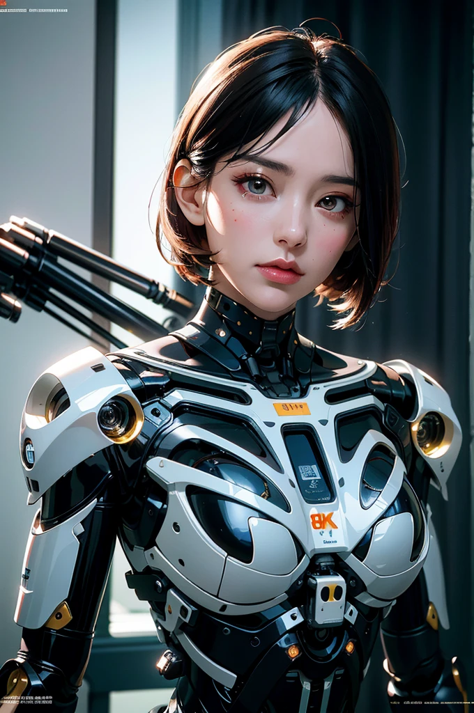 Complex 3D rendering of ultra-detailed porcelain female robot, 1 girl, (natural skin texture, actual eye details:1.2), part, beautiful soft light, rim light, Vibrant details, Luxury Cyberpunk, hyperactual, anatomical, face muscles, Cable wire, microchip, elegant, beautiful background, octane rendering, apple style, 8k, best quality, masterpiece, illustration, extremely delicate and beautiful, CG, Unite, wallpaper, (actual, photo-actual:1.2), Astonishing, fine details, masterpiece, best quality, official art, extremely detailed CG Unite 8k wallpaper, Extremely ridiculous, sexy, Mechanical skeleton, Android, Surrealism, Doomsday wasteland, (high-tech prosthetics:1.2), Fluffy black short hair, Perfect body, Navy blue glowing cyber ship