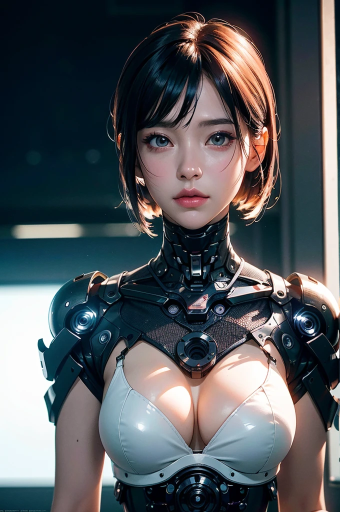 Complex 3D rendering of ultra-detailed porcelain female robot, 1 girl, (natural skin texture, actual eye details:1.2), part, beautiful soft light, rim light, Vibrant details, Luxury Cyberpunk, hyperactual, anatomical, face muscles, Cable wire, microchip, elegant, beautiful background, octane rendering, apple style, 8k, best quality, masterpiece, illustration, extremely delicate and beautiful, CG, Unite, wallpaper, (actual, photo-actual:1.2), Astonishing, fine details, masterpiece, best quality, official art, extremely detailed CG Unite 8k wallpaper, Extremely ridiculous, sexy, Mechanical skeleton, Android, Surrealism, Doomsday wasteland, (high-tech prosthetics:1.2), Fluffy black short hair, Perfect body, Navy blue glowing cyber ship