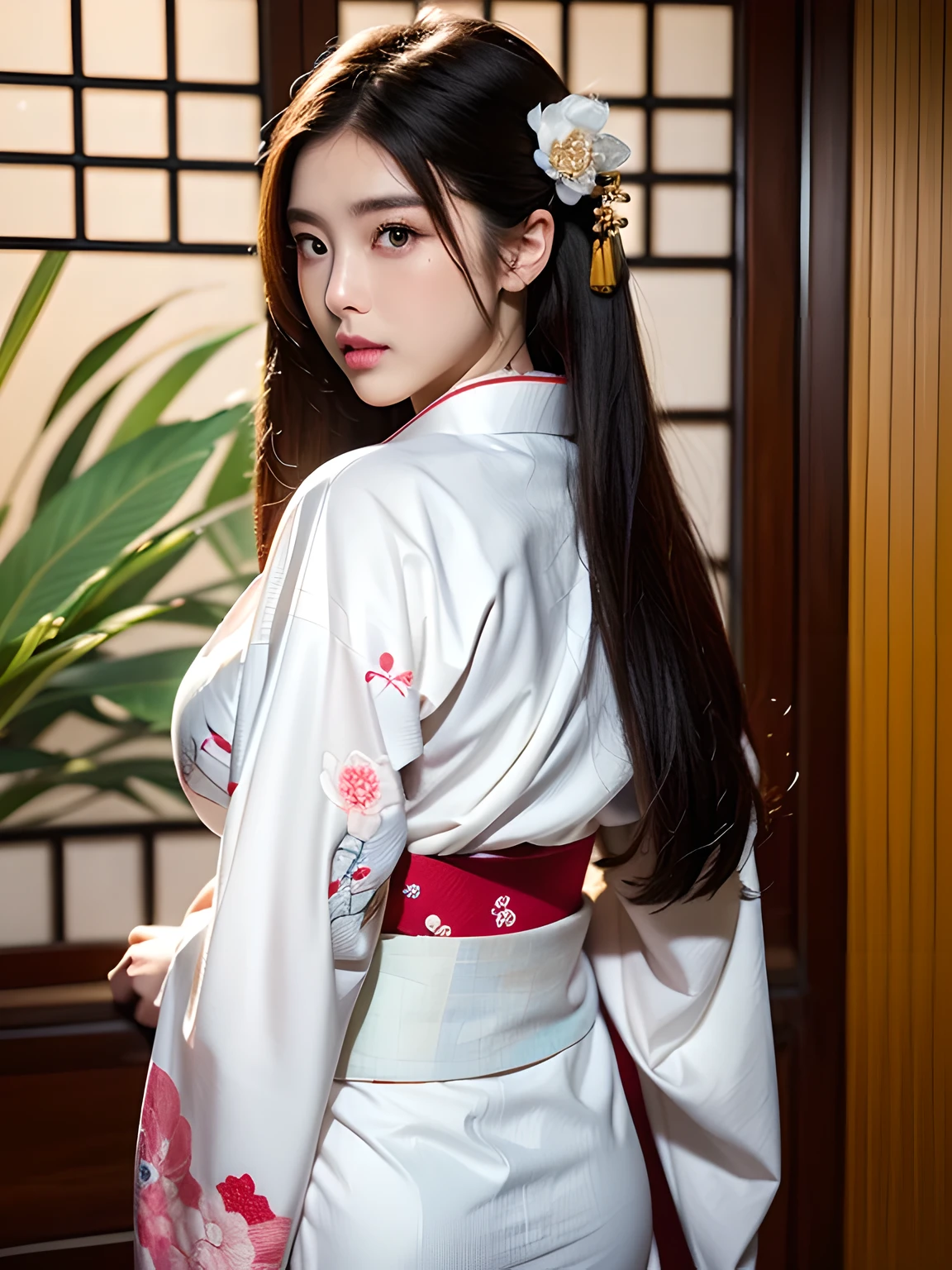(Beautiful model in Japanese kimono commercial, beautiful straight long black hair), alone, ((face is 80% beauty and elegance, 20% pretty and cute:1.5)), clear eyes, (fine eyes, light green eyes, bright pupils), double eyelid, (Slightly thick and sexy lips:1.2), ((Super detailed and incredibly high resolution Deep-white Kimono:1.2)), Highly detailed facial texture, impressive body shape, curvaceous and very attractive woman, High resolution RAW color photography professional photography, break ultra high-resolution textures, High resolution body rendering, Big eyes, an unparalleled masterpiece, incredible high resolution, Super detailed, stunning ceramic skin, break ((Turn around to show the pattern of the kimono:1.5)), ((Wearing a New Year's kimono with plenty of glittering deep white colors:1.5)), ((The main color is deep white、Chinese dragon kimono has very colorful embroidery:1.2)), (The half-collar and obi are gold.) ,(Finely crafted classic Japanese Chinese dragon kimono), ((The embroidery pattern is reminiscent of a Chinese dragon.):1.2), ((A deep white kimono with elaborate and elegant decorations.)), (Photographed in front of the round sliding sliding window in a Japanese-style room)) break ((highest quality, 8K)), sharp focus:1.2, (layer cut, big:1.2), (beautiful woman with perfect figure:1.4), (Beautiful and elegant rear view:1.3), thin waist, (correct hand shape:1.5), (full body shot | cowboy shot)