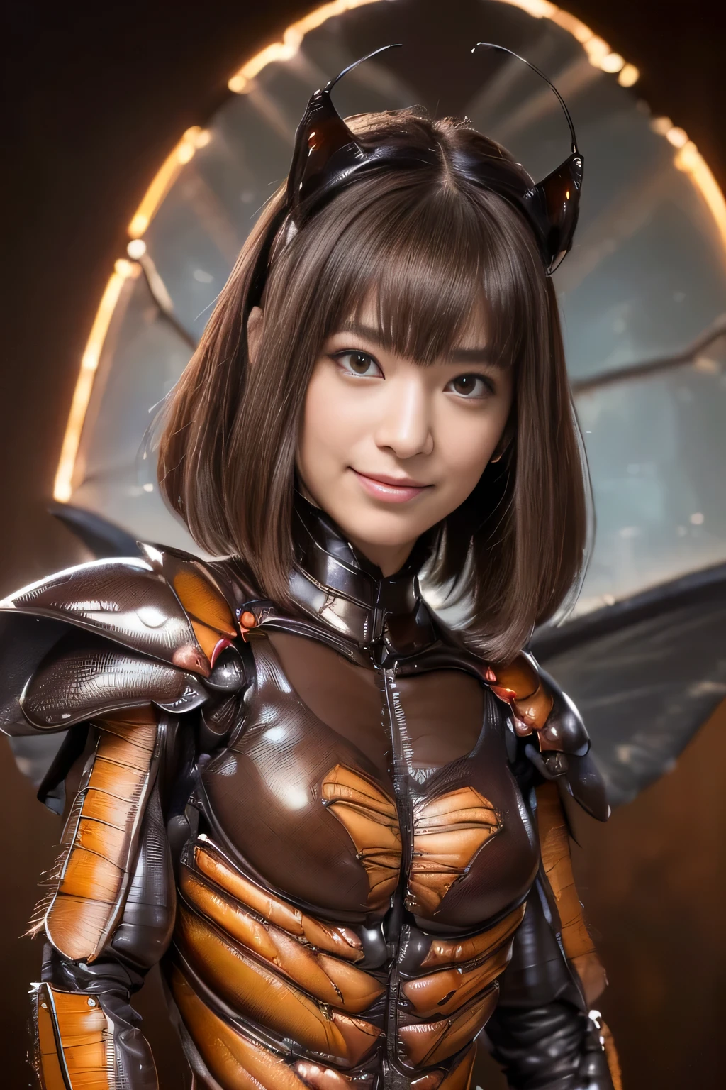 (High resolution,masterpiece,highest quality,Very detailed CG, anime, official art:1.4), realistic, photograph, amazing detail, all complicated, luster and luster,great many layers, 8k wallpaper, 3D, sketch, cute, figure,( alone:1.4), perfect female proportions,villain&#39;s daughter, (Fusion of dark brown cockroach and lady:1.4), (brown cockroach form lady:1.2), (brown cockroach woman:1.2), (Fusion:1.2), (alone:1.4), (evil smile:1.2), muscular, abs, (Cockroach brown exoskeleton bio insect suit:1.4), (Cockroach brown exoskeleton bio insect armor:1.2), (brown transparent cockroach feathers:1.4), (brown cockroach antenna:1.3),