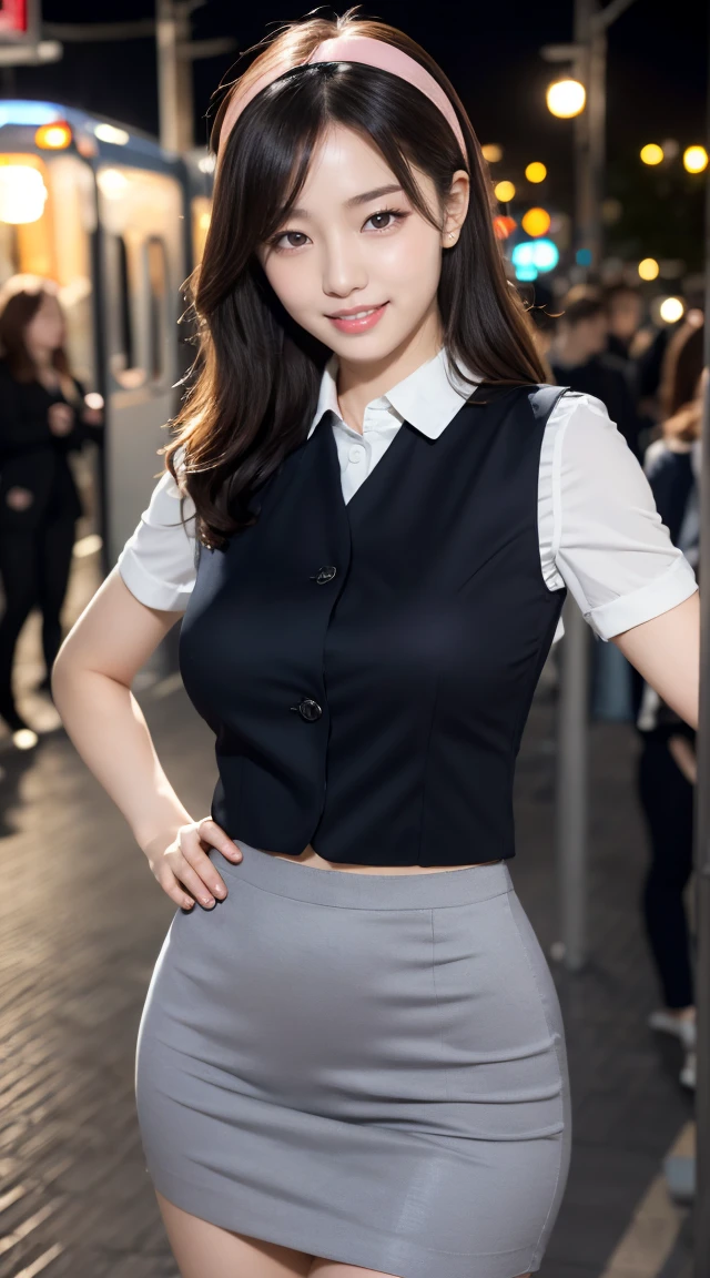 (((full body,including legs)))、(((オフィスレディ、OL、office lady、little smile、gray tight vest)))、(((horseshoe-shaped hairband)))、sexy,formal ,high heel、Dressed up、(Photo real:1.4)、(A hyper-realistic:1.4)、(Photorealistic:1.3)、 (gentle lighting: 1.05)、(Improve the lighting quality of your video:0.9)、32k、 1Girl、25years old girl、photorealistic lighting、Back lighting、Facial Lights、Ray Trace、(bright:1.2)、(Increase quality:1.4)、 (best quality real texture skin)、Fair eyes,Delicate and delicate face、 (tired and sleepy and satisfied : 0.0), Close-up of the face,gray tight vest,tight gray blouse [button gap :1.2],very tight shirt ,((([see through shirts:1.5]))), gray pencil skirt ,(Bodyline mood improvement:1.1)、Glossy skin,wavy hair、韓国アイドル、乃木坂アイドル、Sculptural Idol Pose、little smile,blush,Beautiful actress、Neat woman,whole body, large breasts,(perfect row of teeth),slender waist and hip,beautiful long legs,(full shot)、((8heads tall)、(((誘惑している、恥ずかしい)))、random dynamic pose,(eye shadow),(red cheek、red lips),(Super Clean Night View、night time)、blush,little smile,(((full shot)))、(a little open the legs),(((in the crowded night train)))
