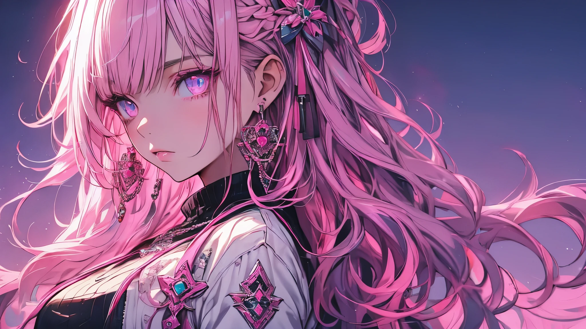 Hongliu, 1 girl, alone, long hair, looking at the viewer, blue eyes background, white background, jewelry, closed mouth, Jacket, Upper body, pink hair, earrings, pink eyes, necklace, From the side, sweater, lips, eyelash, compensate, wavy hair, earrings, cross, lipstick, ear earrings, eye shadow, hoop earrings, pink lips, multicolored eyes, pink theme, , pink eye shadow,