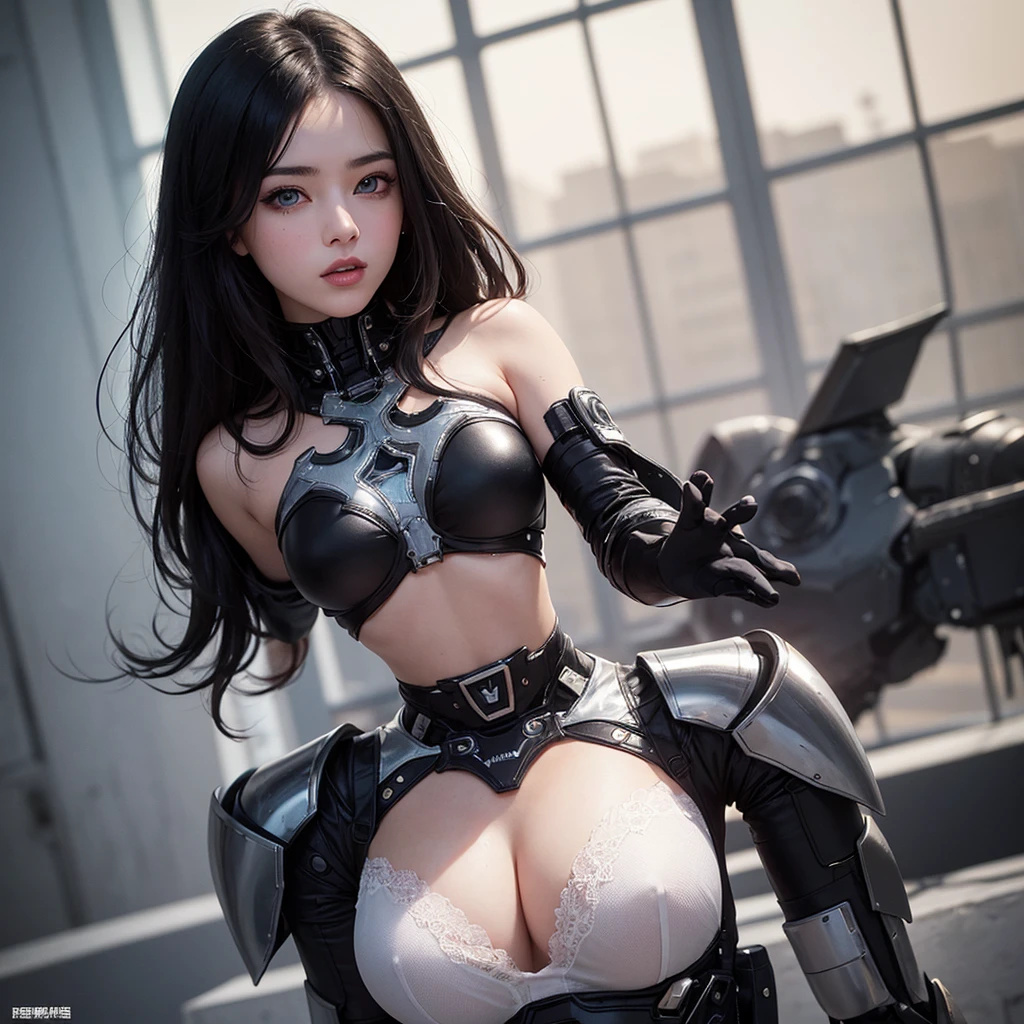 ((1 girl)), ((masterpiece)), Lovely,pretty face, blue eyes:1.2, ((black hair)), (shiny hair), nude lips, big breasts, Big , whole body, looking at the audience, masterpiece:1.5, ((Beautiful and delicate eyes)), Lovely eyes, best quality, Perfect body, shining body, (overexposure),Cinema lighting, dynamic lighting, ((Correct hand anatomy)), very high resolution, high resolution, (((Super detailed))), (extremely delicate and beautiful), (((Beautiful and delicate eyes))), depth of field, There is a woman in a white suit posing for a photo, Gothic web set, Chrome set, Dystopian sci-fi set, futuristic clothing, whole body X-Force 套装, Wear technical clothing and armor, Wearing a dark space mercenary uniform, shiny white armor, Abandoned mecha on the background, Cyberpunk Pearl Armor, cyberpunk suit, Female protagonist, Fair and translucent skin