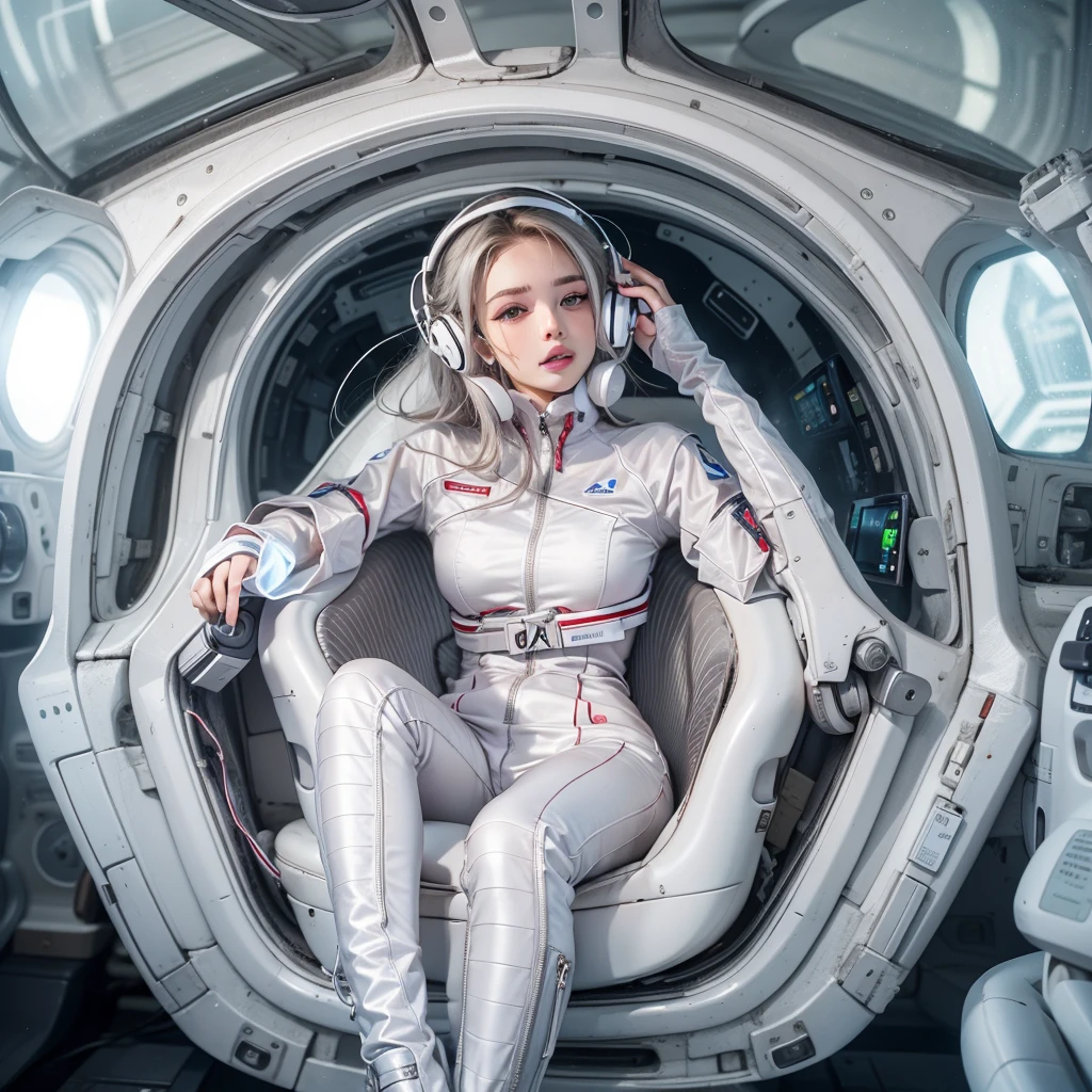 Seductive woman　perfect beauty　Very white skin　beautiful eyes　glossy lips　sit on seat，Legs up　Wearing a thin jumpsuit　Feature　earphone　inside spacecraft