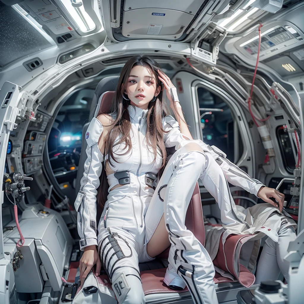 Seductive woman perfect beauty Very white skin beautiful eyes glossy lips sit on seat,Legs up Wearing a thin jumpsuit Feature earphone inside spacecraft