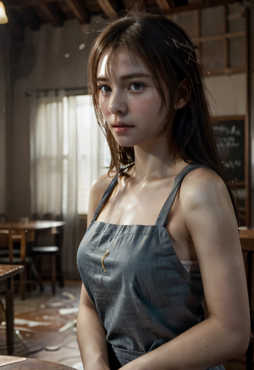 8K, top quality, table top:1.2), (realistic, Photoreal:1.37), top quality, table top, beautiful young woman, pensive expression, gentle eyes, Apron naked、full of embarrassment、tie hair back, Messy mood, movie background, pale skin