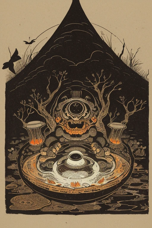 ((jumpscare)), Outline warm color, ((festival)), ((Chojugiga)), ((Shihon Bokuga)), antique, (anthropomorphism), (Sumi-e), Monochrome art, (Old paper style illustration), (hunting paintingural style, Little monster, old performance, variational pointillism, flat illustration, eerie, (horror elements), eerie worldview, (primitive art), Outline warm color, old picture scroll style, old staging, Ancient mural style