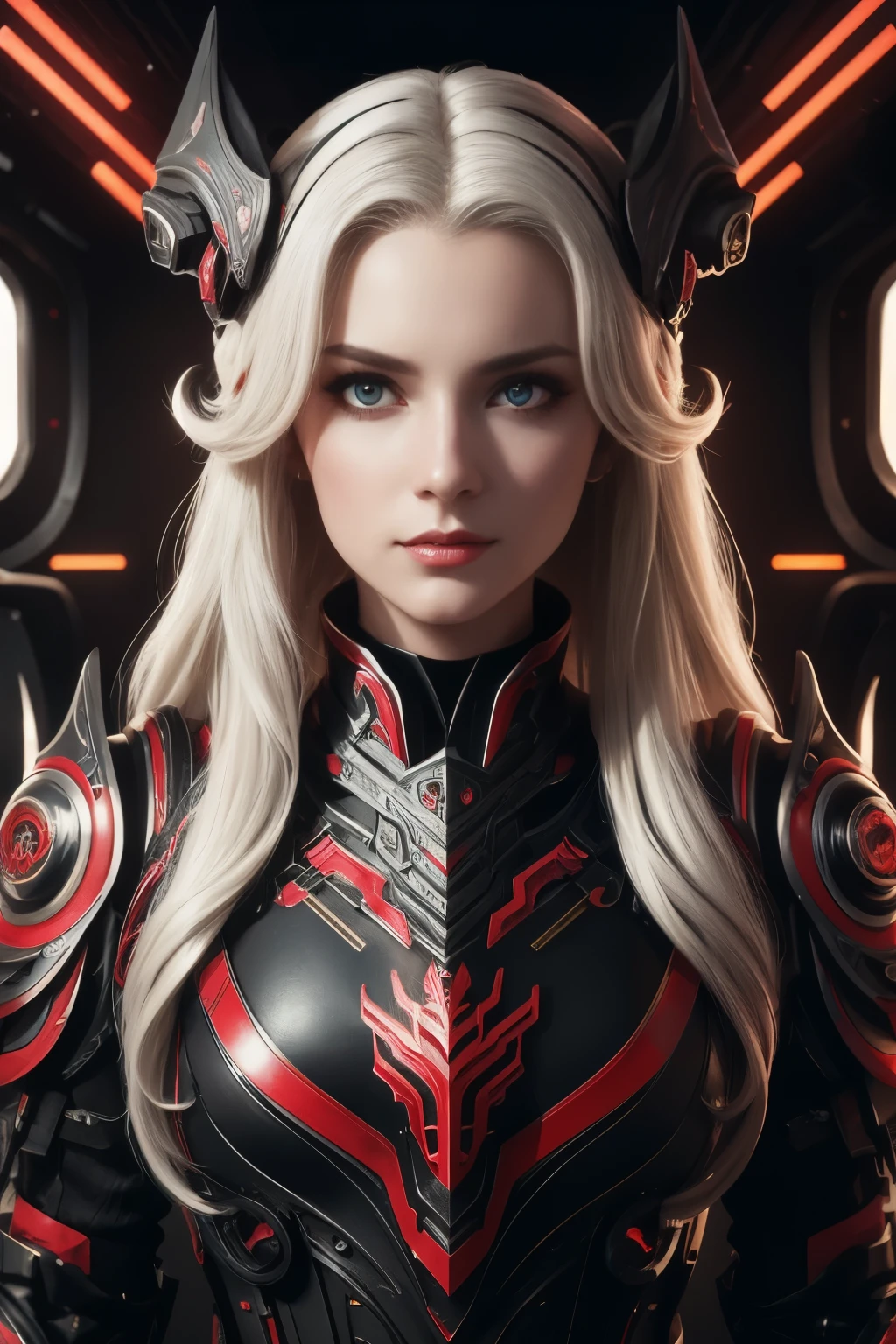 Portrait of a beautiful girl with wavy white hair, wearing a formal black dress with metal parts, red eyes, monograms in the background, digital painting, dark colors, 8k, complex details, vintage, retro futuristic style, sharp focus on the center, pastel colors, art station, (sci-fi, future, future theme), (facial expression looking with disdain), (detailed illustration)