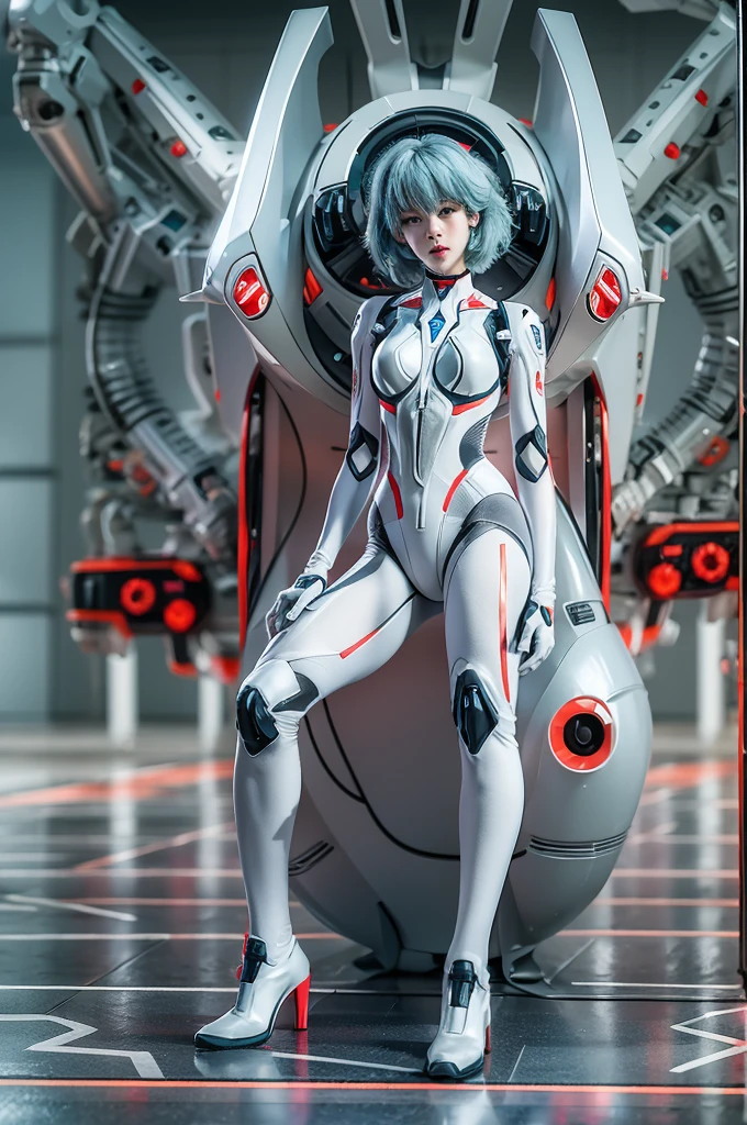 The full body Portrait of Rei Ayanami from Neon Genesis Evangelion, inside the NERV lab with lots of scientists, detailed scene, stunning details, anime, detailed environment, ray tracing, 8k，full-body shot，white shiny metal shoes，The luminous shapewear that is attached to the whole body is covered with high-tech geometric circuit lines.，Surrealism，perfect art form