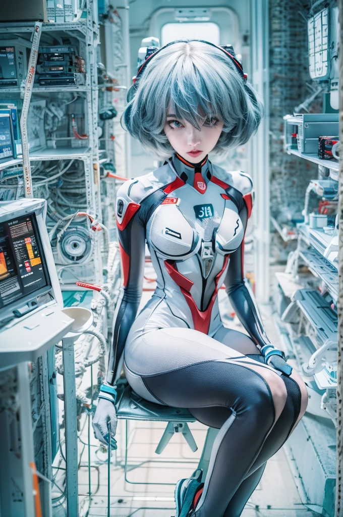 ((Highest quality, 8k wallpaper)),(masterpiece, Highest quality),Very detailed,High resolution,(Official Art:1.3),(((Anime screenshots,Black outline))),One girl,alone, Break mer1,(Rei Ayanami {neon genesis evangelion,}1.2),masterpiece, best quality, outdoor, 1girl, Solo,red eyes,short hair,blue hair, (White plug suit, skintight:1.4), (Covered in sweat, Mass sweat, Sweating profusely:1.5) , (((Full face helmet,Eva Helm, face visible through helmet:1.3))), (holding own arm,dirty Costume:1.4), swamp, dense woods, wet lands, wading, mud swamp,