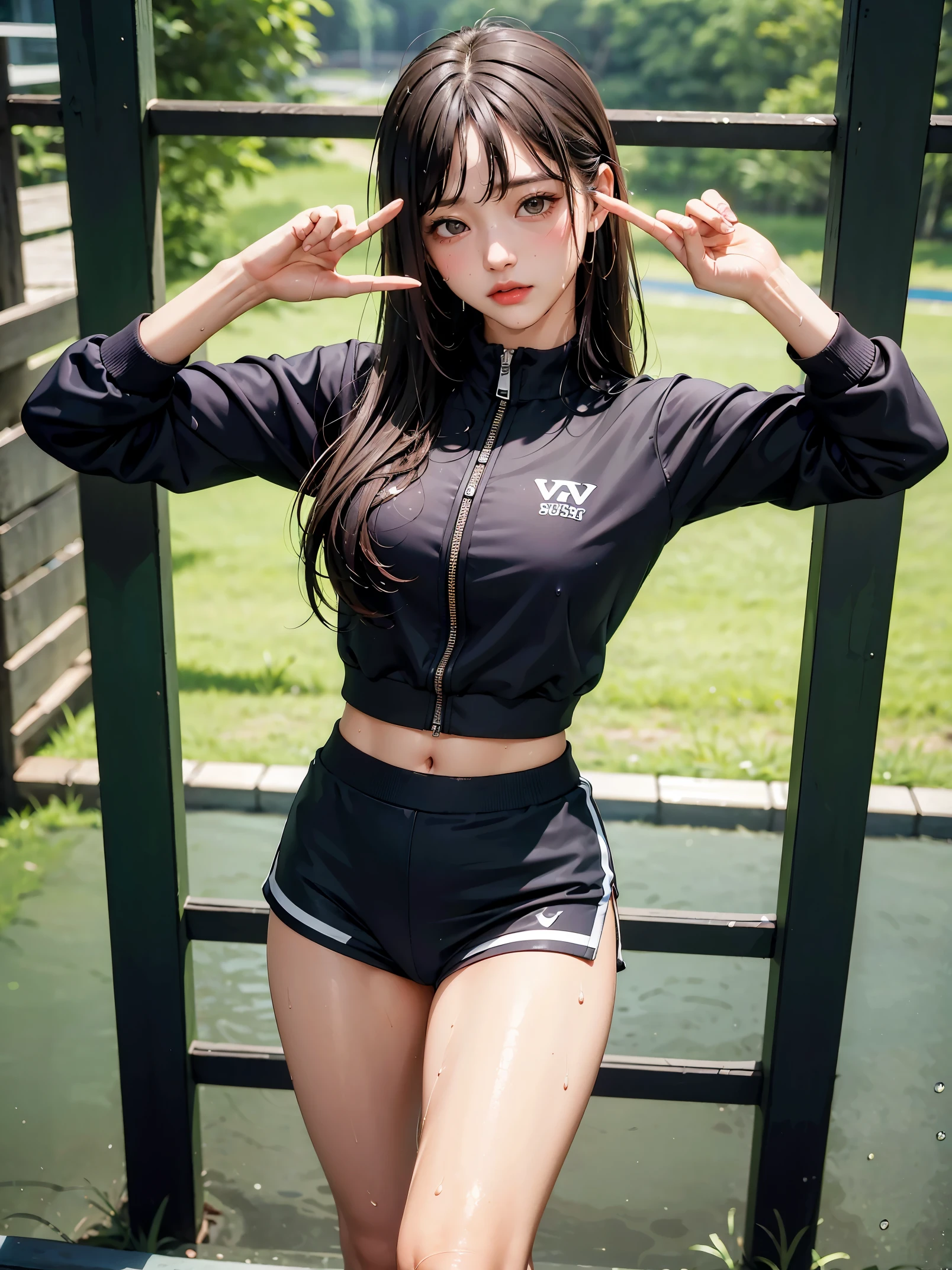 masterpiece、masterpiece、top-quality、top-quality、realisitic、Unity、8K Picture Wallpaper、Official art、Highly detailed CG Unity 8K wallpapers、ulzzang-6500、one girls、cute little、Professional Lighting、((The sheen、Long black spandex shorts:1.37))、The shirt、length hair、dishevled hair、 (Original: 1.2)、(realisitic: 1.4)、ultra-detailliert、hight resolution、ultra-detailliert,splendid, finely detail, lighting like a movie、Simple costumes, Detailed clothing texture、a bed、skirt by the、Projection from above。 (8K、Raw photography、top-quality、masterpiece:1.27)、(realisitic、Photorealsitic:1.37)、physically-based renderingt、a handsome、masterpiece、top-quality、hight resolution、