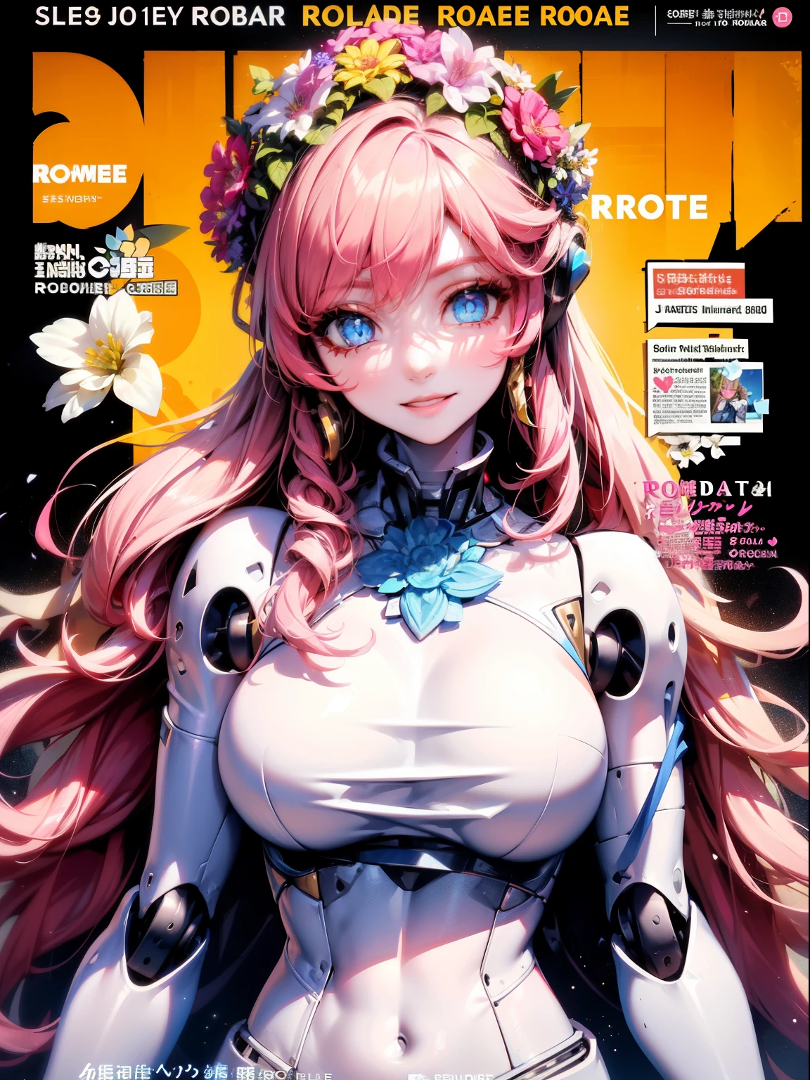1girl,solo focus, robot girl, humanoid robot,robot joints,blue eyes,pink hair,long hair, (colored skin),huge breasts,head wreath, jewelry, white dress, gold trim, sleeveles,upper body,looking at viewer,magazine cover,smile,(flower in hand),holding flower