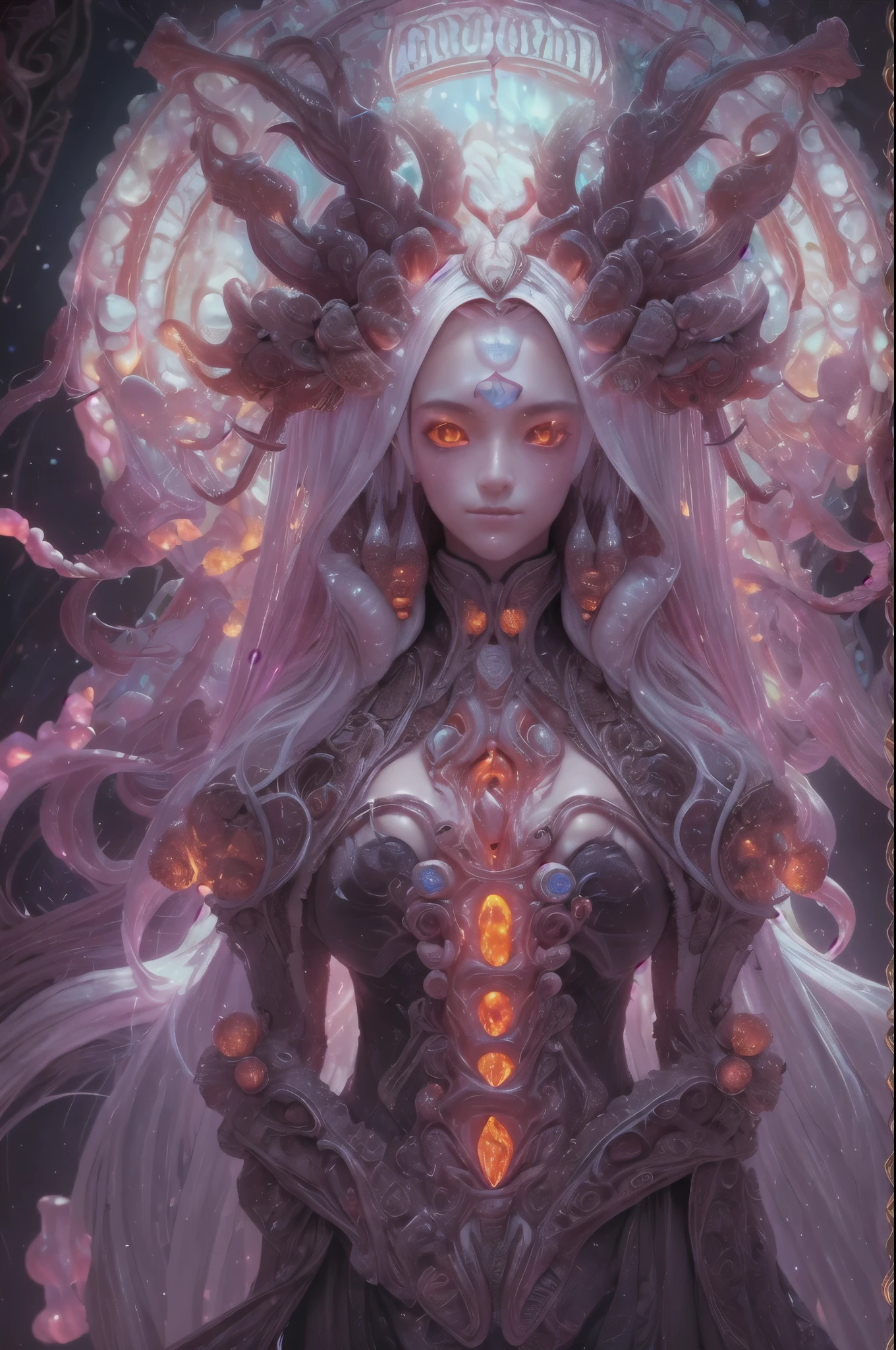  ((female ornate alien princess)), (with white long flowing hair), (bright beautiful red eyes), trending on artstation, flowers of hope by Jean-Honor Fragonard, Peter mohrbacher, hyper detailed, insane details, stunning, intricate, elite, art nouveau, ornate, liquid wax, elegant, luxury, Greg Rutkowski, ink style, sticker, vector-art beautiful character design, double exposure shot, luminous design, award winning, masterpiece, amoled black background, (There is a female genital-like organ in the middle of the forehead:1.9)