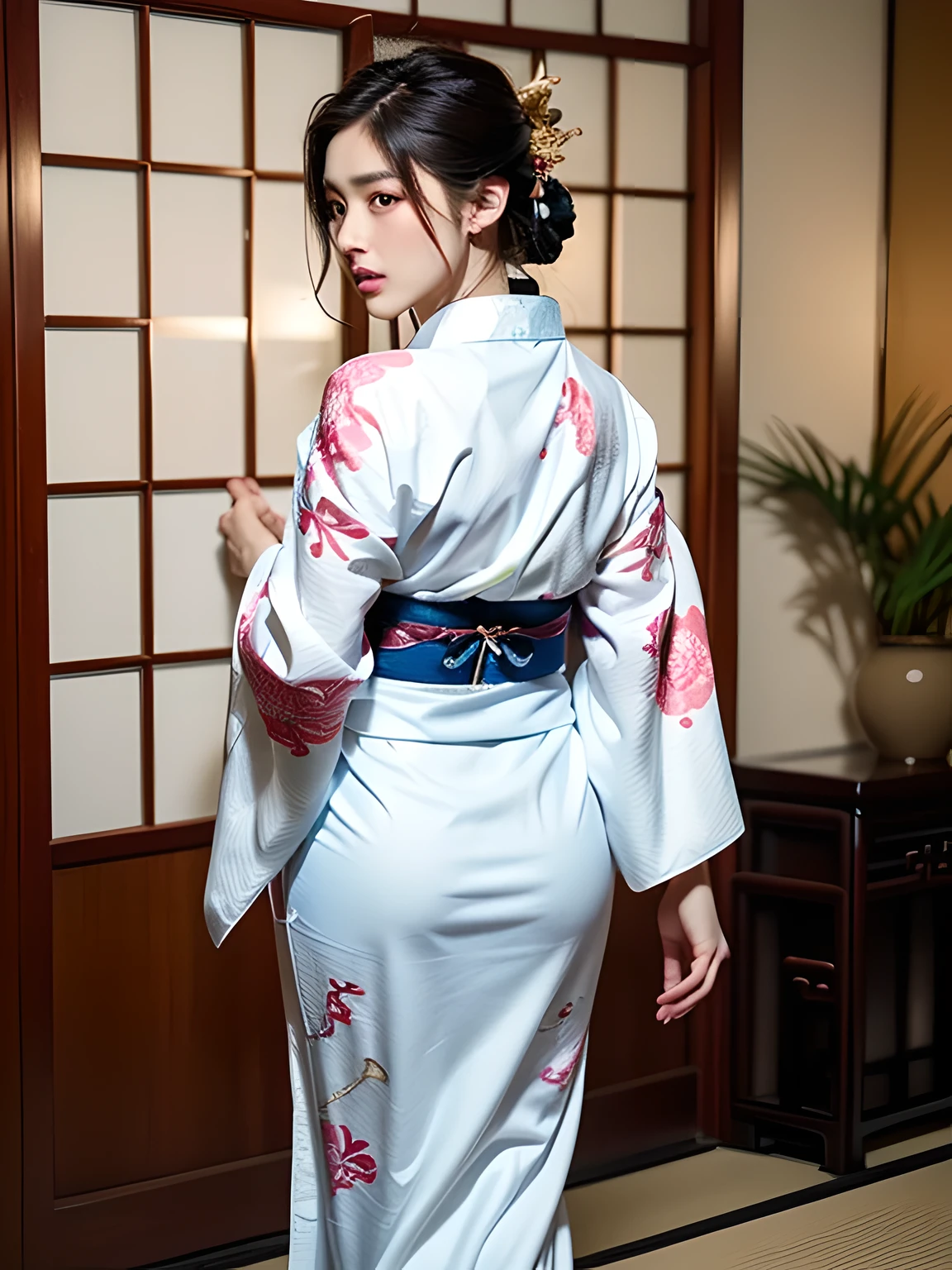 (Beautiful model in Japanese kimono commercial, beautiful straight long black hair), alone, ((face is 80% beauty and elegance, 20% pretty and cute:1.5)), clear eyes, (fine eyes, light green eyes, bright pupils), double eyelid, (Slightly thick and sexy lips:1.2), ((Super detailed and incredibly high resolution Deep-white Kimono:1.2)), Highly detailed facial texture, impressive body shape, curvaceous and very attractive woman, High resolution RAW color photography professional photography, break ultra high-resolution textures, High resolution body rendering, Big eyes, an unparalleled masterpiece, incredible high resolution, Super detailed, stunning ceramic skin, break ((Turn around to show the pattern of the kimono:1.5)), ((wearing (chinese dragon kimono) Made with plenty of sparkling deep white:1.5)), ((The main color is deep white、 (Chinese dragon kimono) It has very colorful embroidery.:1.2)), (Half collar and obi (golden)) ,(Finely crafted classic Japanese (Chinese dragon kimono)), ((The embroidery pattern、 (A pattern reminiscent of a Chinese dragon)):1.2), ((A deep white kimono with elaborate and elegant decorations.)), (Photographed in front of the round sliding sliding window in a Japanese-style room)) break ((highest quality, 8K)), sharp focus:1.2, (layer cut, big:1.2), (beautiful woman with perfect figure:1.4), (Beautiful and elegant rear view:1.3), thin waist, (correct hand shape:1.5), (full body shot | cowboy shot)