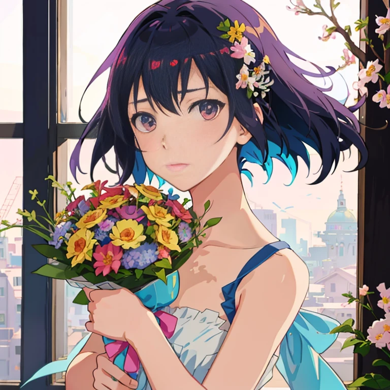 anime girl holding a bouquet of flowers in front of a window, with flowers, beautiful anime portrait, high quality portrait, anime visual of a cute girl, holding flowers, makoto shinkai. digital render, makoto shinkai ( apex legends ), guweiz, artwork in the style of guweiz, anime style portrait, portrait of an anime girl