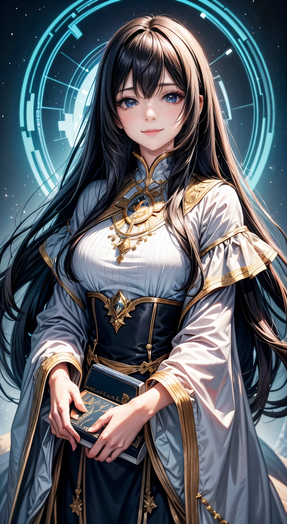 (best quality, high resolution, ultra-detailed), single, mature girl, upper body, girl with long hair, girl with black hair, holding a book, fantastical, winter, smiling, ultra-detailed eyes, ultra-detailed face, ultra-detailed dress, illustrations, warm color tones, soft lighting.