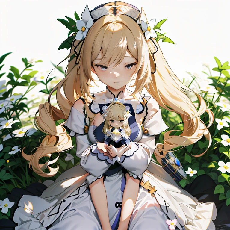 anime girl with long blonde hair and flower crown sitting in a garden, **** in dress, cute anime waifu in a nice dress, anime visual of a cute girl, violet evergarden, anime goddess, anime best girl, ****sh, official art, blonde anime girl with long hair, official artwork, blonde - haired princess, marisa kirisame, beautiful anime girl