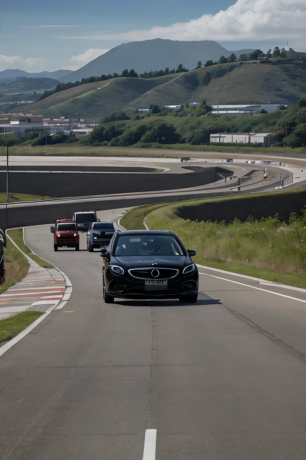 black cars parked in air port runway  ,hd , in road , hill in background , 4 car convoy, cars in straight line, only 5 car in road,masterpiece, mercedese car