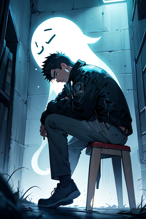 Sad Boy talking to a ghost alone dark place