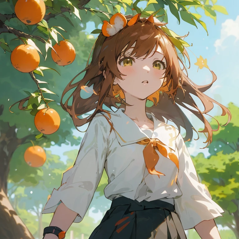 anime girl with oranges in her hair standing under a tree, official artwork, official art, high detailed official artwork, ayaka genshin impact, marin kitagawa fanart, smooth anime cg art, high quality anime artstyle, rin, anime visual of a cute girl, trending on artstation pixiv, orange halo around her head, sayori, splash art anime loli