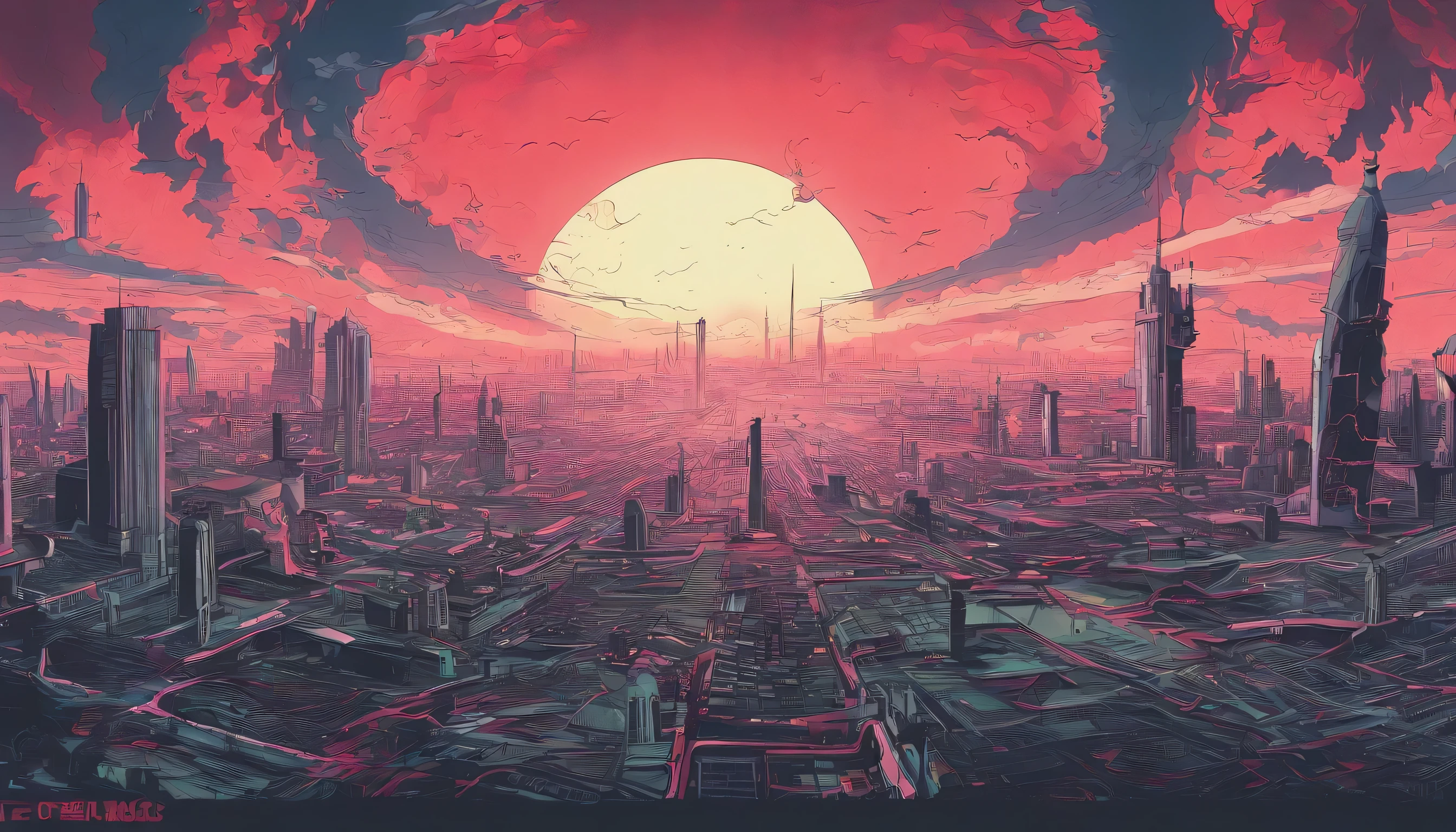 On the devastated city streets,Collapsed ruins scattered on the ground,Stained with blood,Like the cruel legacy of the battlefield。cloudy sky and heavy rain,lightning,This intensifies the terrifying atmosphere of this apocalypse。