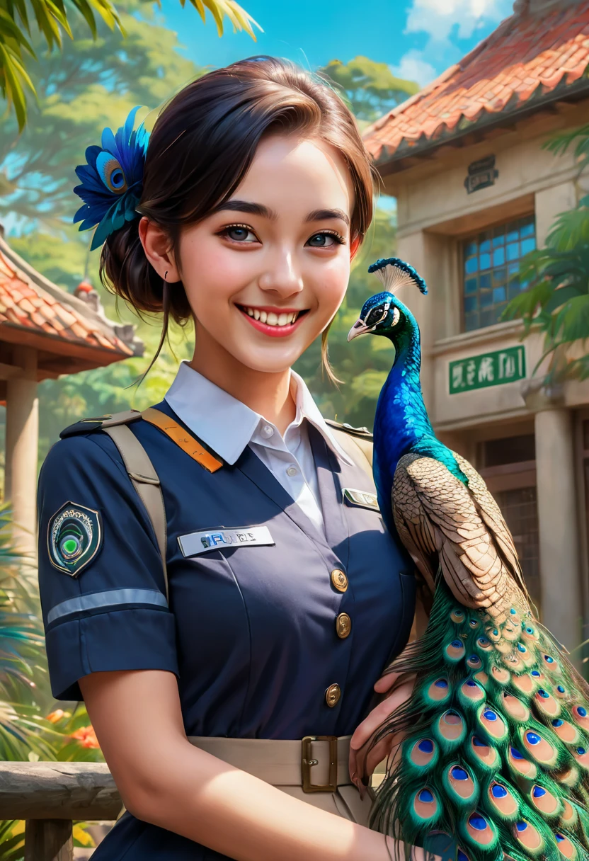 a female zoo administrator, 22yo, peacock in background, Super high saturation, bright and vivid colors, Smile, high details, super detail, highres, (best quality, masterpiece, Representative work, official art, Professional, 8k)