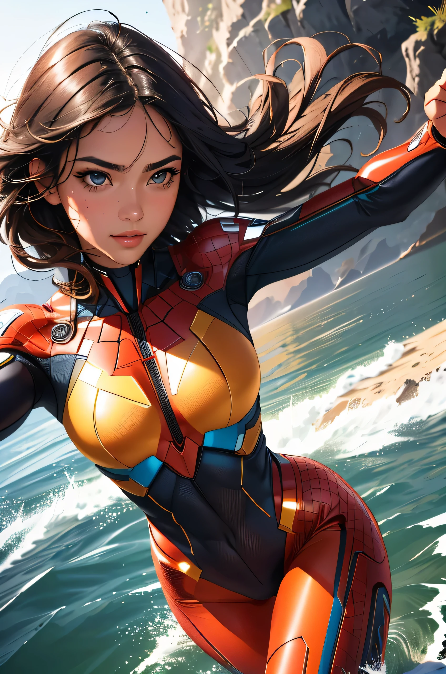 masterpiece, best quality, High quality, detailed, woman, villain, hero, DC comics, MARVEL comics, bodysuit costume, detailed scenery, epic  cinematic scenery, vibrant colors, ultra realistic, intricate details, highly detailed, photorealistic, 8k,
perfect amazing female body, perfect detailed legs, perfect female hands, perfect tanned skin, (full body), perfect body proportions, sharp shiny eyes, toned, thick thighs, sweating, (dynamic proactive pose, view from dynamic angle,  from below looking down), flexible, abs,  (((very long dark hair))), ((perfect cute face, perfect realistic human eyes:1.3, perfect eyes pupils)), perfect makeup, best quality:1.3, 1girl, toned abs, seductive look, (detailed facial features, visible skin pores), alluring eyes, moist glossy detailed skin, (real skin and hair texture),
Cinematic film still, natural lighting, perfect contrast, professional cinematic shot, 4k, perfect ambient lighting, vivid colors, intricate details, shallow depth of field, extreme cinematic photorealism:1.3,perfect cinematic atmospheric lighting, perfect realistic cinematic reflections, photographed on a Canon EOS R5, 50mm lens, F/2.8, HDR, 8k resolution, cinematic lens flares,
epiCPhoto:1.3, epiCRealism:1.3, HairDetail, SkinDetail, fHandDetail, fFaceDetail
