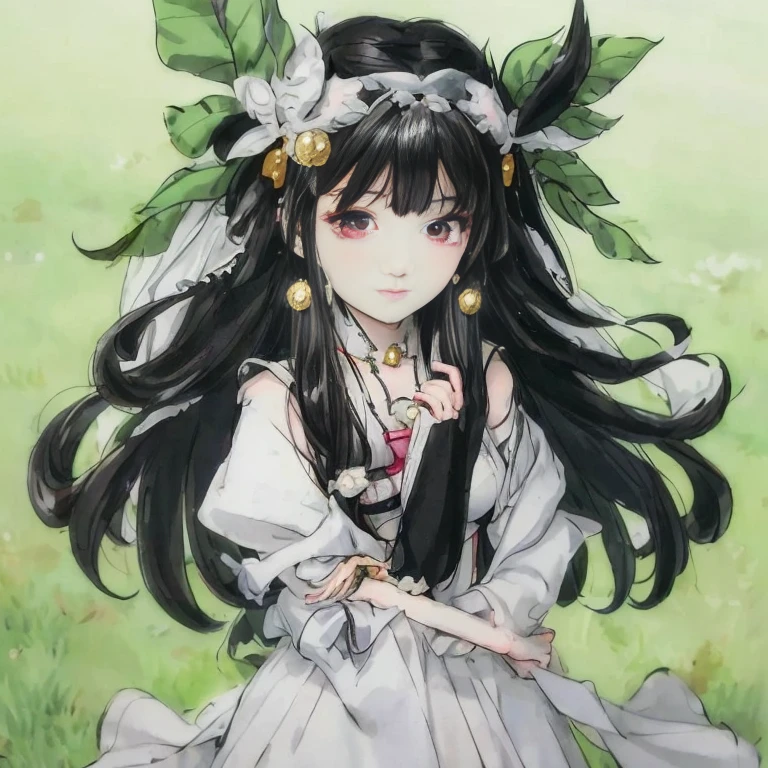 Masterpiece, best quality, official art, 8k wallpaper, very detailed, illustration, 1 girl, left hand raised, a small bird falling on the back of hand, black hair, long hair, detailed eyes, bamboo forest, bare shoulders, lake, pure, soft smile