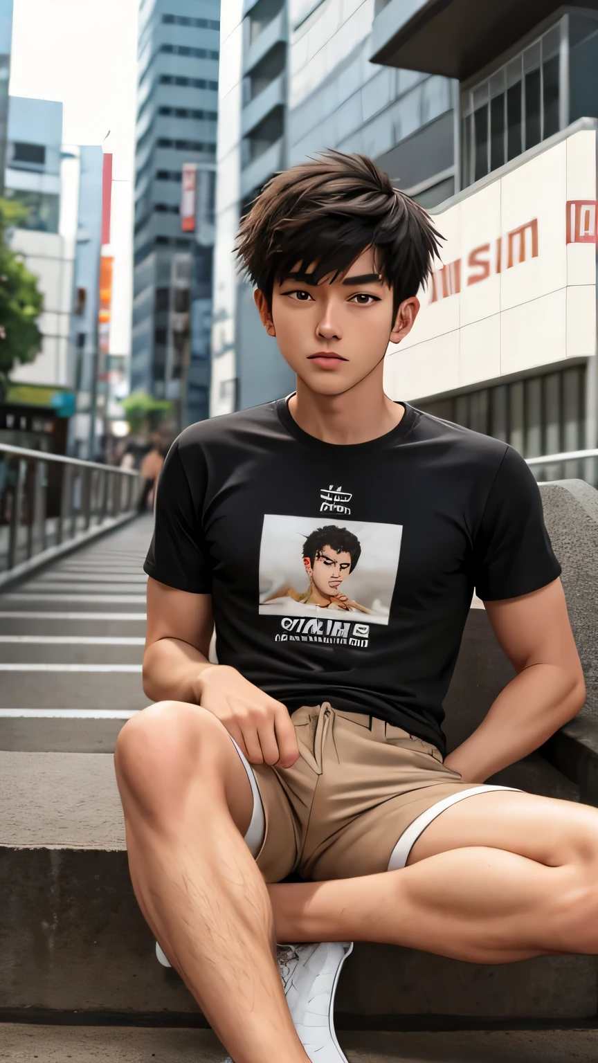 ((super sharp focus)), ((((hairy legs)))), hairy legs, toned legs, whole body, two block, messy shortt hair, long legs, Japan Male, 27 years old, wearing beige shorts, wearing a black T-shirt, very short hair, black hair