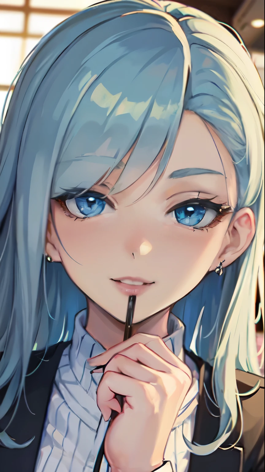 Masterpiece, raw,  beautiful art, professional artist, 8k, art style by sciamano240, very detailed face, very detailed hair, 1girl, 25 years old, perfectly drawn body, beautiful face, long hair, light blue hair , very detailed blue eyes, pouty lips , rosey cheeks, intricate details in eyes, playful smile, looking directly at viewer , happy expression, wedding ring , lipstick, modern coffee shop setting, very close up on face, wearing trendy winter clothes, drinking a coffee, 