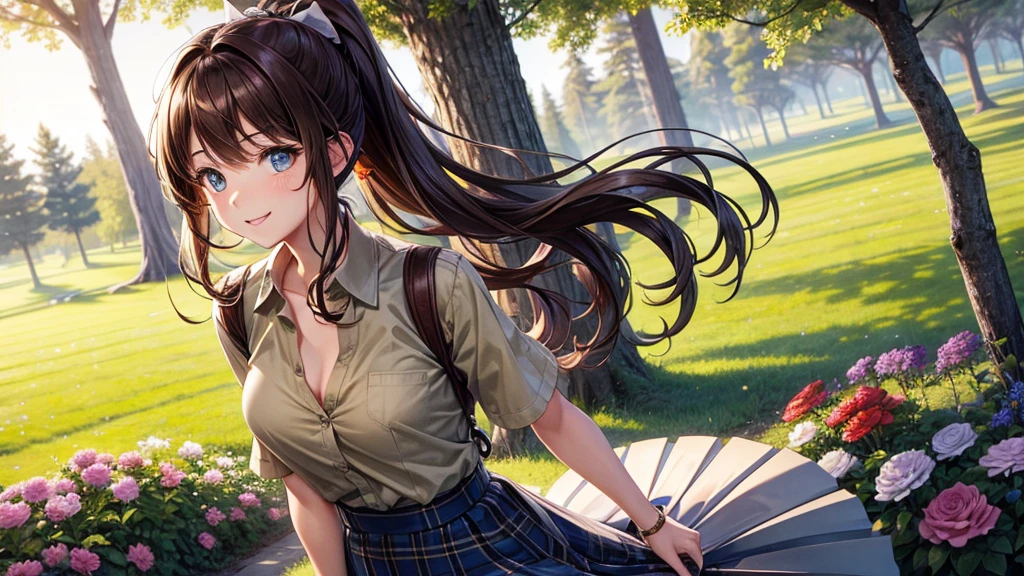1girl, solo, masterpiece, flowers, trees, brown hair, curly hair, long hair, ponytail, large breasts, nipples, button down shirt, ((brown green shirt)), ((unbuttoned shirt)), ((short sleeved shirt)), blue eyes, checked skirt, smile, looking at the viewer, ((standing)), hair ribbon, golden necklate