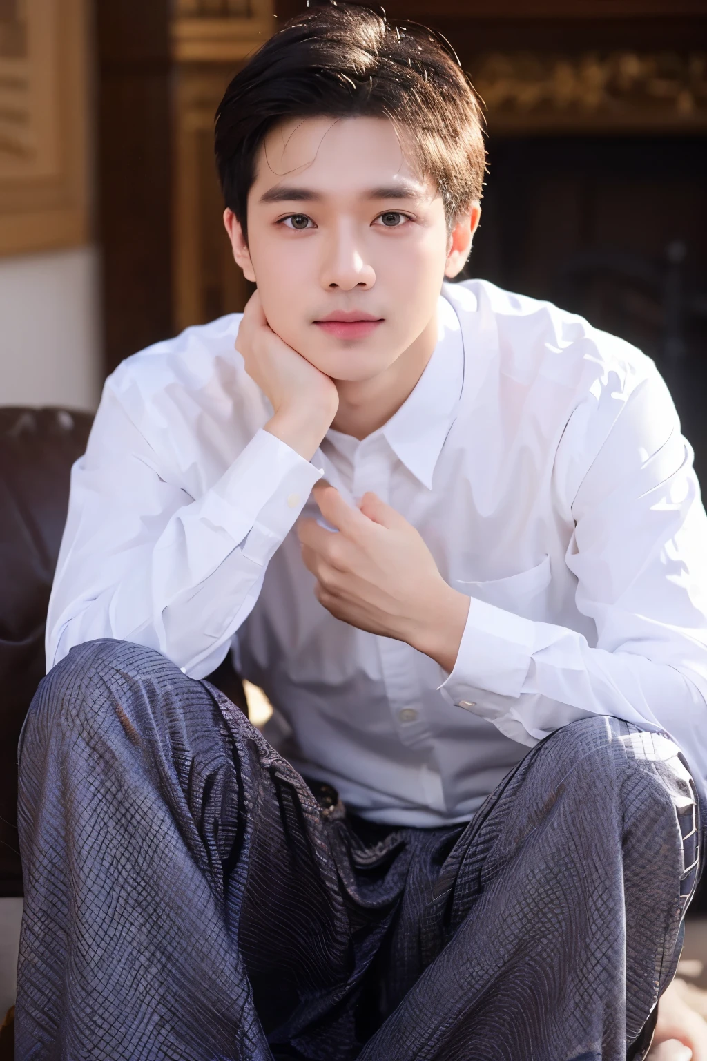 1boy, handsome male, face, beard, white background, amm mc outfit, acmm tp outfit, acmm cp outfit, wearing acmm top, very attractive, blurry_background, (high detailed skin:0.8), 8k uhd, dslr, soft lighting, HDR, warm light, high quality, film grain, Fujifilm XT3,