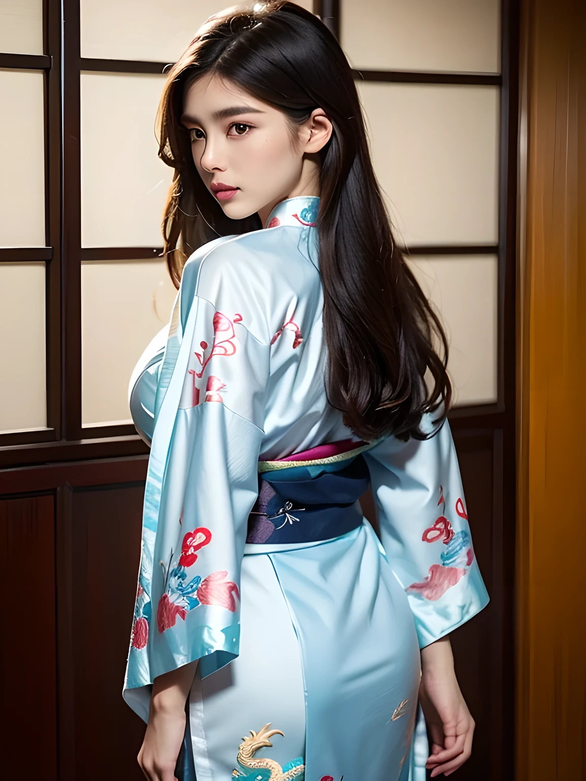 (Beautiful model in Japanese kimono commercial, beautiful straight long black hair), alone, ((face is 80% beauty and elegance, 20% pretty and cute:1.5)), clear eyes, (fine eyes, light green eyes, bright pupils), double eyelid, (Slightly thick and sexy lips:1.2), ((Super detailed and incredibly high resolution Deep-white thin Kimono:1.2)), Highly detailed facial texture, impressive body shape, curvaceous and very attractive woman, High resolution RAW color photography professional photography, break ultra high-resolution textures, High resolution body rendering, Big eyes, an unparalleled masterpiece, incredible high resolution, Super detailed, stunning ceramic skin, break ((Turning the thin kimono inside out to show the pattern:1.5)), ((Wearing a dragon kimono with plenty of glittering deep white:1.5)), ((The main color is deep white、 (chinese dragon kimono:1.1) It has very colorful embroidery.:1.2)), (Half collar and obi (golden:1.1)) ,(Finely crafted classic Japanese (chinese dragon kimono:1.1)), ((The embroidery pattern、 (A pattern reminiscent of a Chinese dragon)):1.2), ((A pure white, thin kimono with elaborate and elegant decorations.)), (Photographed in front of the round sliding sliding window in a Japanese-style room)) break ((highest quality, 8K)), sharp focus:1.2, (layer cut, big:1.2), (beautiful woman with perfect figure:1.4), (Beautiful and elegant rear view:1.3), thin waist, (correct hand shape:1.5), (full body shot | cowboy shot)