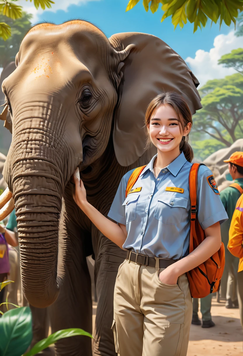 a female zoo administrator, 22yo, elephant in background, Super high saturation, bright and vivid colors, Smile, high details, super detail, highres, (best quality, masterpiece, Representative work, official art, Professional, 8k)