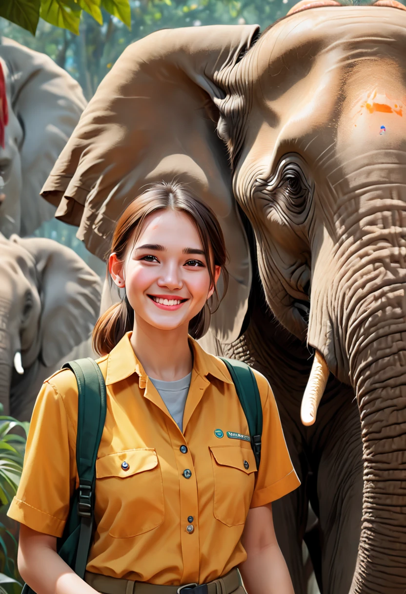 a female zoo administrator, 22yo, elephant in background, Super high saturation, bright and vivid colors, Smile, high details, super detail, highres, (best quality, masterpiece, Representative work, official art, Professional, 8k)