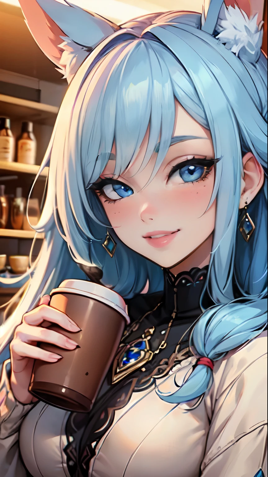 Masterpiece, raw, beautiful art, professional artist, 8k, art style by sciamano240, very detailed face, very detailed hair, 1girl, 25 years old, perfectly drawn body, beautiful face, long hair, light blue hair , very detailed blue eyes, pouty lips , rosey cheeks, intricate details in eyes, playful smile, looking directly at viewer , happy expression, wedding ring , lipstick, modern coffee shop setting, very close up on face, wearing trendy winter clothes, drinking a coffee,