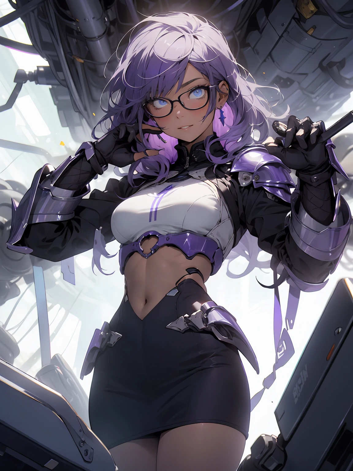 make it realistic,(masterpiece,highest quality,optimal quality,very detailed,fractal art,most detailed,(background is abstract:1.5)(1 girl),look up,Glasses,purple hair,(hair length),(shining blue eyes),big breasts,toned abdominal muscles、crystallization,high leotard,sexy,machine armor,Blake、(office wear blazer、black pencil skirt、)