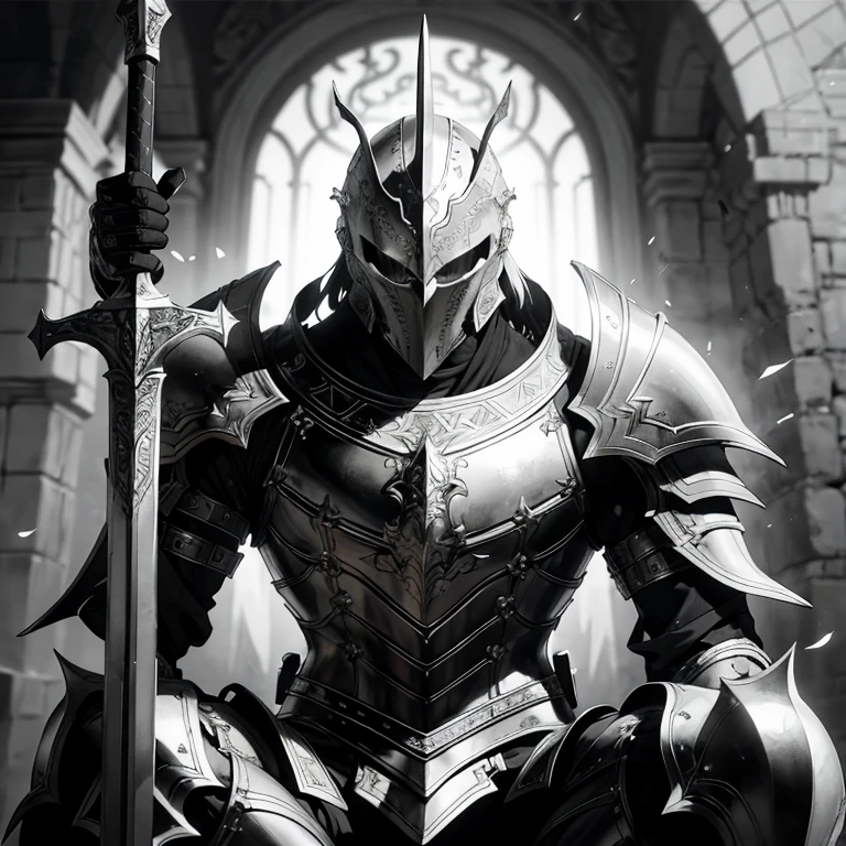 Silver armor、armor, European armor, male focus, sword and shield, knight, monochrome, helmet weapon, sitting on lap, (pay)
break
greyscale, whole body, (Raising the Sword to Heaven), alone,
break
absurdres, High resolution, super detailed, (1 male:1.3),
break
, low-key lighting, moody ambiance, dark shadow, subtle highlights, 神秘的なオーラを破breakる
, chiaroscuro, high contrast, dramatic shadow, Bold highlights, moody atmosphere, Seductive strength, Expressive brush strokes that break
, photo editing, Changed reality, fantastical scenes, Digital Artistry, creative editing, evocative narratives, striking visuals