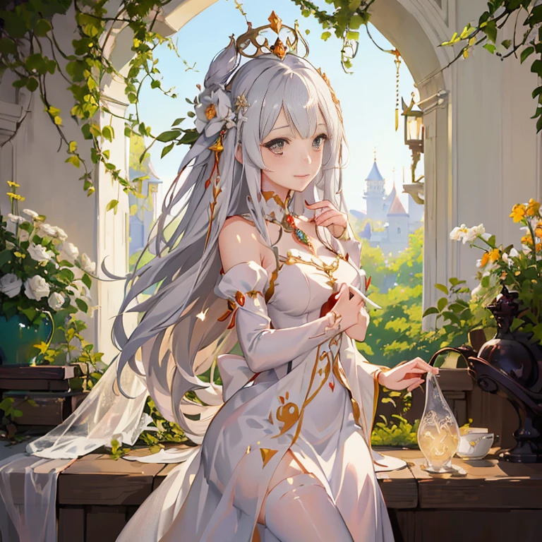 anime girl in a white dress with a crown and flowers, ((a beautiful fantasy empress)), cushart krenz key art feminine, royal elegant pose, guweiz on pixiv artstation, guweiz on artstation pixiv, anime goddess, a beautiful fantasy empress, marin kitagawa fanart, smiling as a queen of fairies