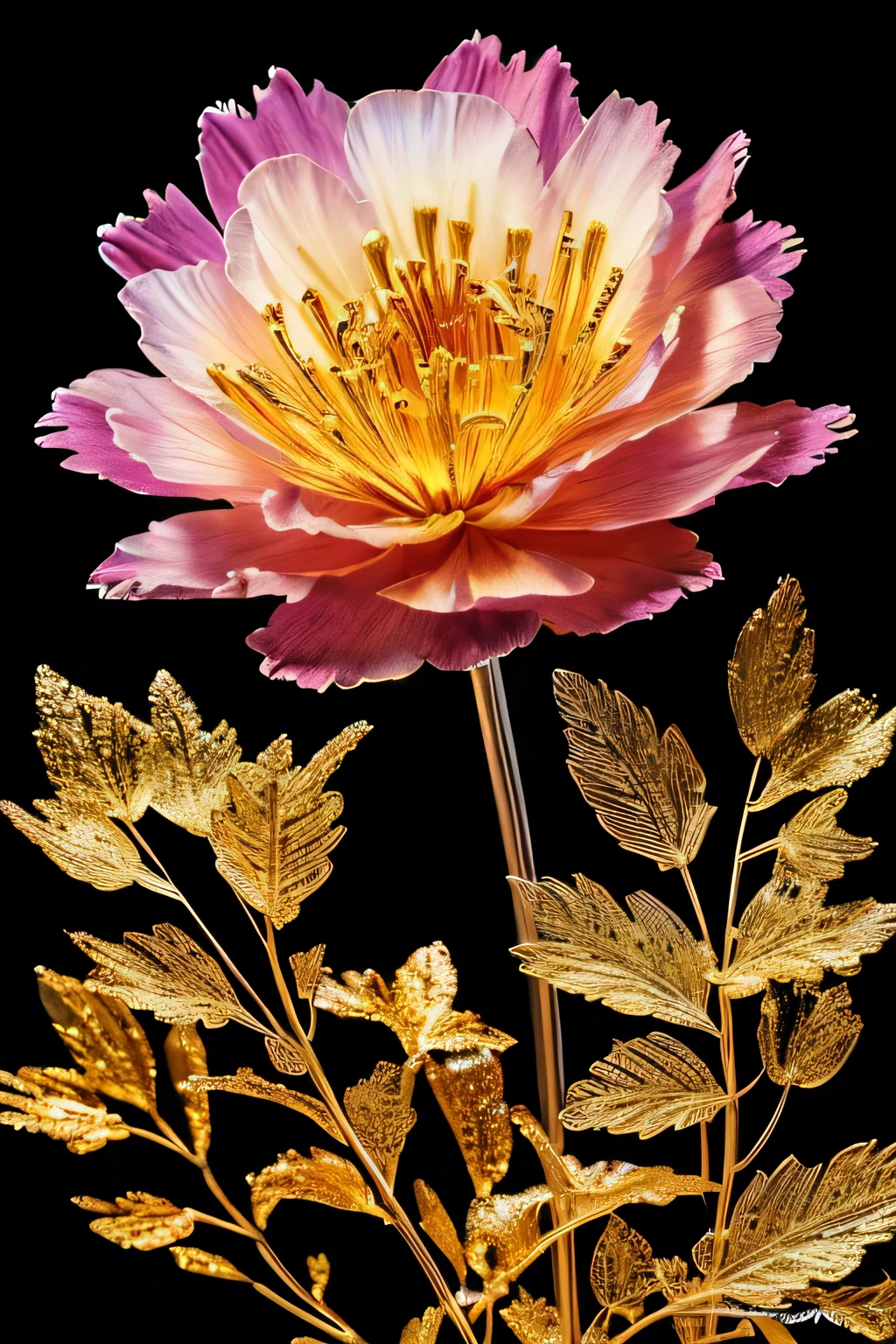 crear, Generar, flor de clavel, Oro y negro, imagen de flor, centrado, colores fuertes, vivid colors, More colorful, lleno, very bright, deslumbrante, brillante, 8k, unique shine, Unique colors, bordes plateados, hojas de oro , apariencia elegante. High Definition, pinturas decorativas, Fondo blanco,