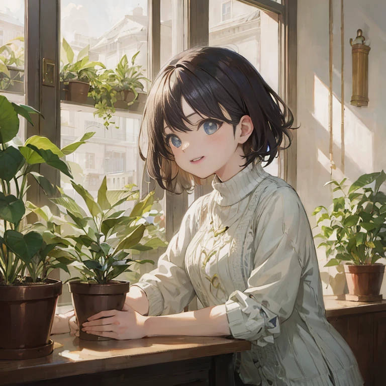 anime girl sitting at a table with potted plants in front of her, anime visual of a cute girl, beautiful anime portrait, high quality portrait, artwork in the style of guweiz, smooth anime cg art, realistic anime 3 d style, with short hair, lofi portrait at a window, young anime girl, portrait of an anime girl, digital anime illustration