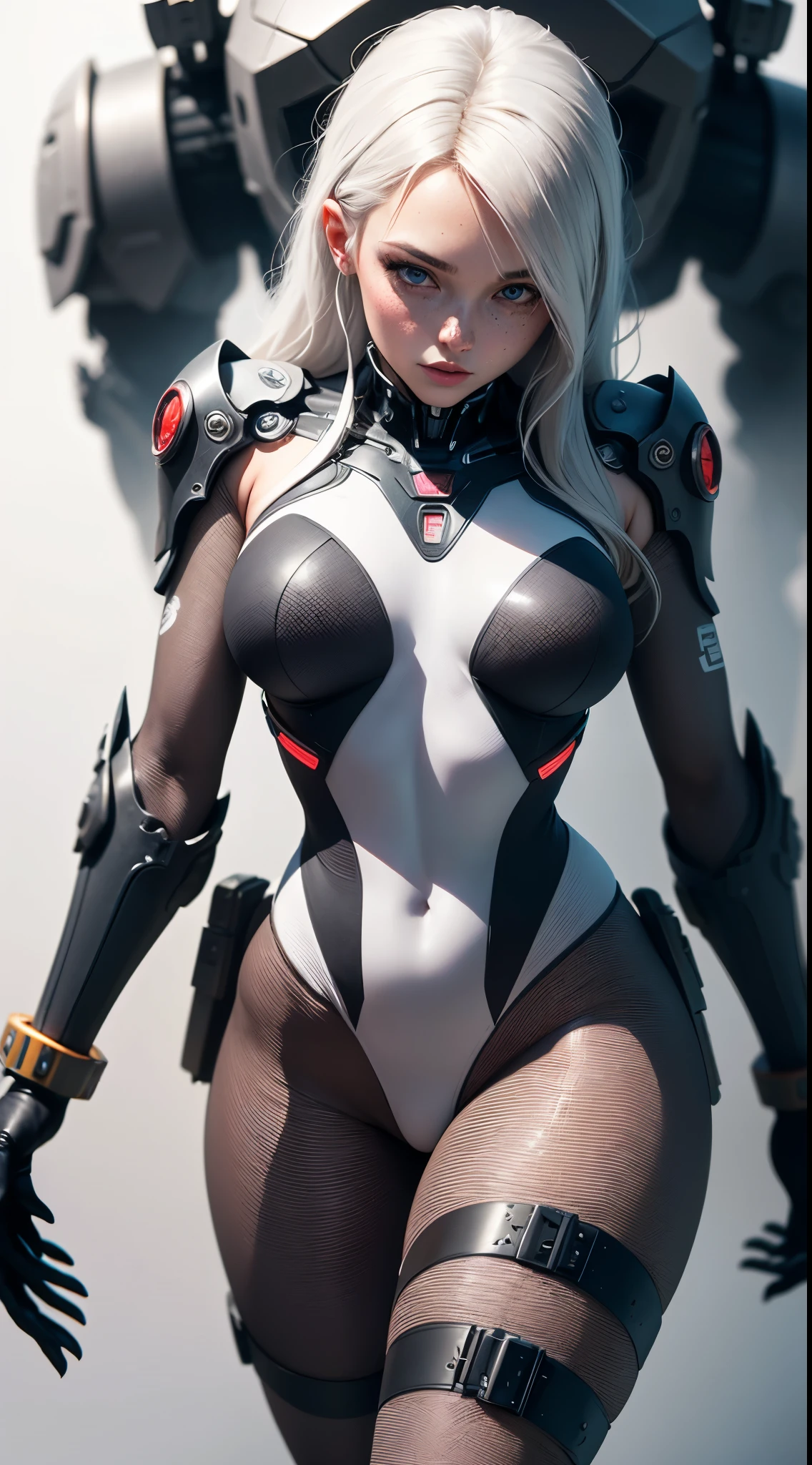 (((Young White Woman))), ((Best Quality)), ((Masterpiece)), (Detail: 1.4), 3D, A Beautiful Cyberpunk Woman with Simon Bisley-style micro thong, Genesis evangelion neon style clothing, 2-piece clothing, Long silver hair, arm tatoo, cybernetic hands, (((girl in mech suit))) , ((transformer cyberpunk girl)), pastel, Centered, scale to fit the dimensions, nffsw (High dynamic range),Ray tracing,NVIDIA RTX,Hyper-Resolution,Unreal 5,Subsurface Dispersion, PBR Texture, Post-processing, Anisotropy Filtering, depth of fields, Maximum clarity and sharpness, Multilayer textures, Albedo and specular maps, Surface Shading, accurate simulation of light and material interactions, Perfect proportions, Octane Render, Two-tone lighting, Wide aperture, Low ISO, White Balance, thirds rule, 8K Raw, Crysisnanosuit,loraeyes,nijistyle,pantyhose, freckles, nsfw, sexual pose , High detailed, 300dpi, ((((white background))), (((flirt))), Blue eyes