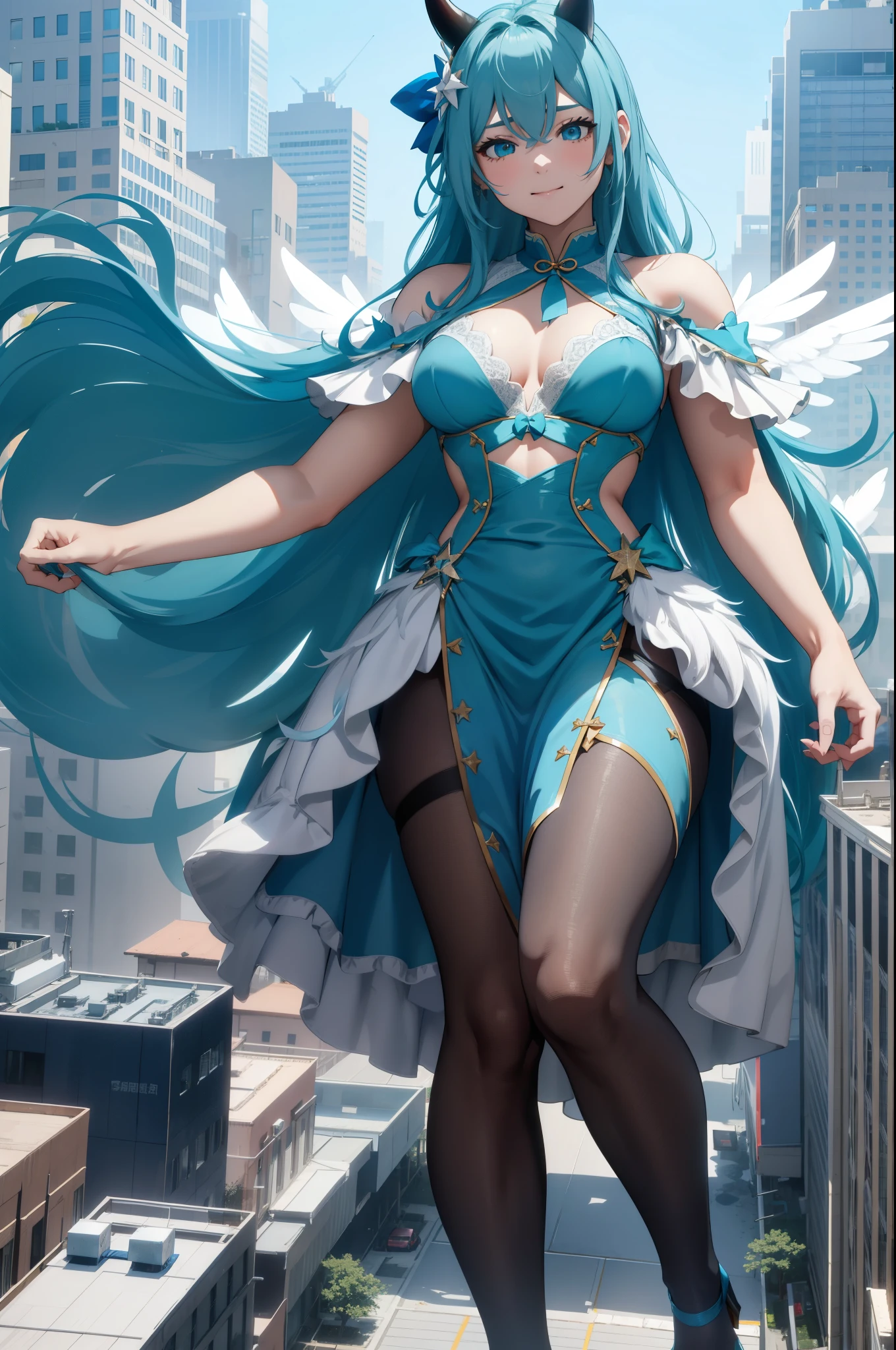 Aerial View，giant girl 50,000 feet high，Weight 1000kg，Has a pair of huge blue angel wings，With huge devil horns on his head，Has waist-length blue hair，loose hair，Blue wavy hair，cyan crown，Wearing a pair of cyan Mary Jane high heels，cyan lace gloves，Cyan lace pantyhose，Pantyhose with bow and star decorations，青色蕾丝whole body，Standing upright on a small city，Beautiful appearance，Exquisite makeup，quality，8k，高quality，Perfect proportion, Cinema lighting，film grain，Fuji colors，8k，textured skin，Super details，high detail，high resolution，fake smile，blood stains，脚底有blood stains，whole body，Obese，feather