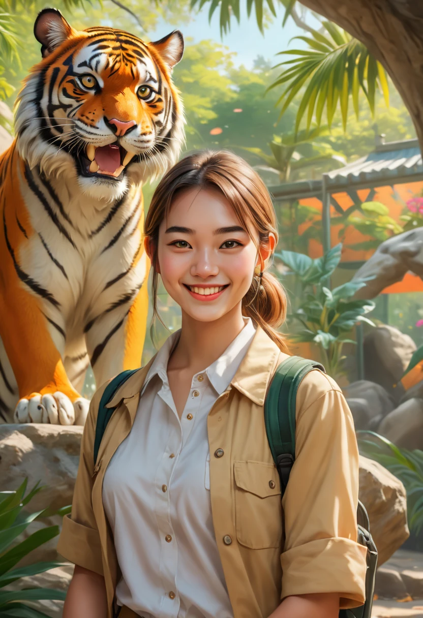 a female zoo administrator, 22yo, tiger in background, Super high saturation, bright and vivid colors, Smile, high details, super detail, highres, (best quality, masterpiece, Representative work, official art, Professional, 8k)