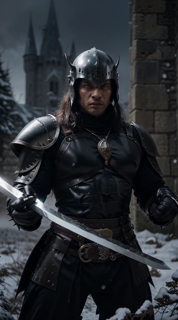 Muscular and strong warrior man with shiny black metallic armor, fierce and strong appearance, his strong muscles are seen with a large sword, black metallic helmet with thorns, attack attitude, outside a medieval gothic castle with snow, and fog surreal looking, photorealistic, cinematic, photographic appearance, orange lighting, RAW style