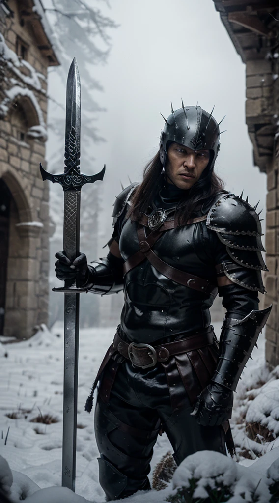 Muscular and strong warrior man with shiny black metallic armor, fierce and strong appearance, his strong muscles are seen with a large sword, black metallic helmet with thorns, attack attitude, outside a medieval gothic castle with snow, and fog surreal looking, photorealistic, cinematic, photographic appearance, orange lighting, RAW style