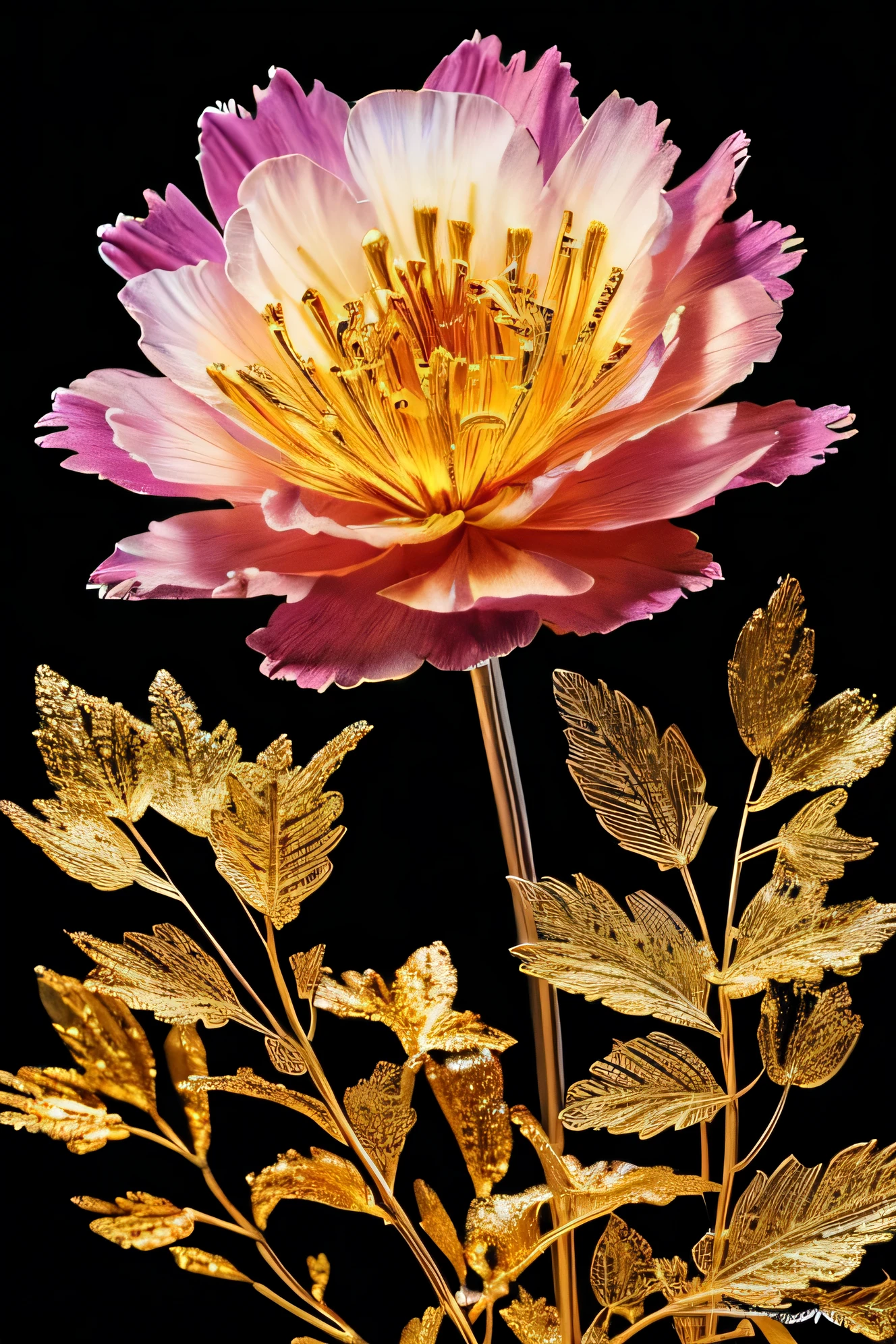 crear, Generar, flor de clavel, Oro y negro, imagen de flor, centrado, colores fuertes, vivid colors, More colorful, lleno, very bright, deslumbrante, brillante, 8k, unique shine, Unique colors, bordes plateados, hojas de oro , apariencia elegante. High Definition, pinturas decorativas, Fondo blanco,