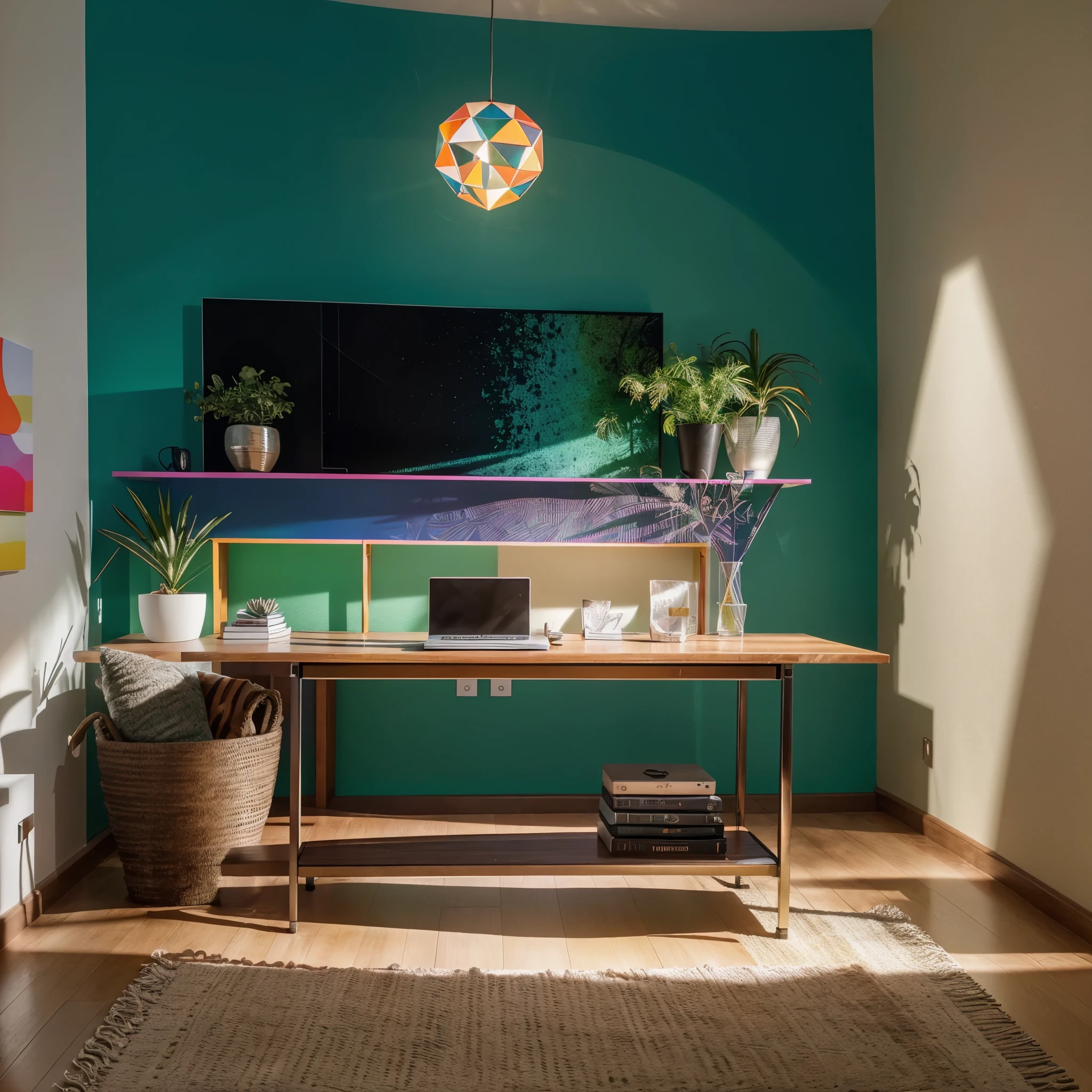 colourful,beautiful room,small light,simple wall and decor for YouTube background,(best quality,4k,8k,highres,masterpiece:1.2),ultra-detailed,(realistic,photorealistic,photo-realistic:1.37),vivid colors,bokeh,studio lighting,physically-based rendering,sharp focus,HDR,UHD,portraits,interior design,modern,cozy atmosphere,stylish furniture,bright colors,artistic details,popular YouTube background,mood lighting,aesthetic,hip,relaxing vibes,contemporary,neon lights,minimalist elements,playful accents,lively patterns,harmonious color scheme,artificial plants and flowers,metallic accents,colorful tapestries,ambient lighting,art deco touches,gradient colors,geometric patterns,abstract artwork,positive energy,upbeat vibes,inspiring environment,visually appealing,eye-catching aesthetics,colored furniture,modern technology integration,streamlined design,clean lines,refreshing atmosphere,inviting space,enticing backdrop,social media-friendly setting,optimized video recording environment.