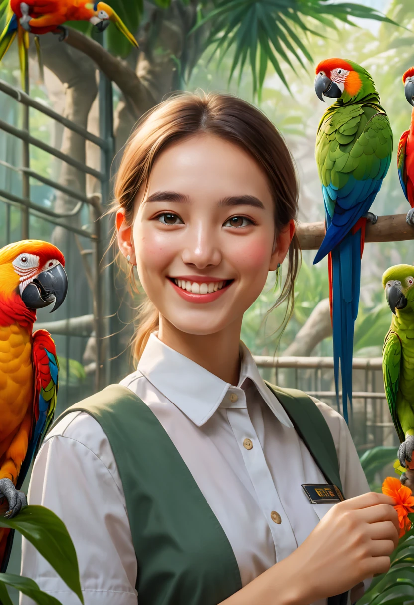 a female zoo administrator, 22yo, parrot in background, Super high saturation, bright and vivid colors, Smile, high details, super detail, highres, (best quality, masterpiece, Representative work, official art, Professional, 8k)