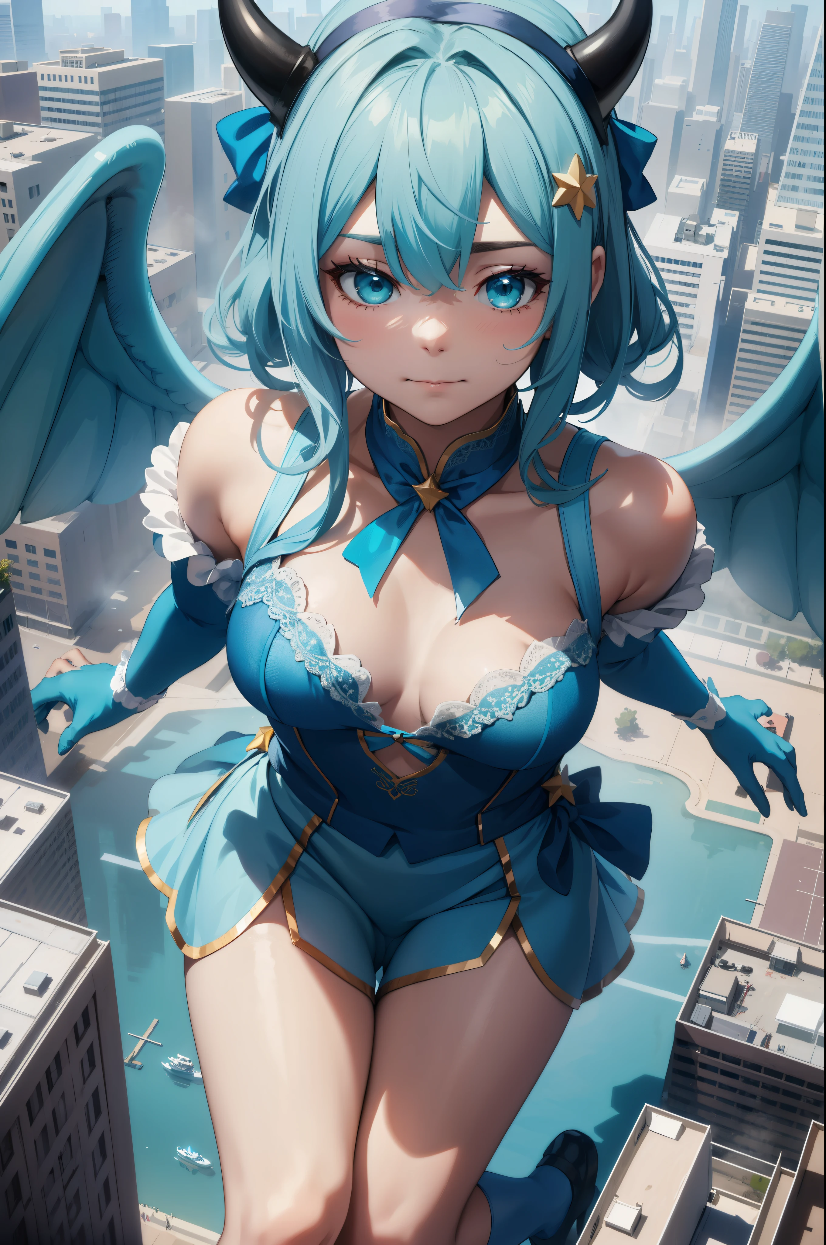 Aerial View,giant girl 50,000 feet high,Weight 1000kg,Has a pair of huge blue angel wings,With huge devil horns on his head,Has waist-length blue hair,loose hair,blue wavy hair,cyan crown,Wearing a pair of cyan Mary Jane high heels,cyan lace gloves,Cyan lace pantyhose,Bow and star embellished tights,青色蕾丝whole body,Standing tall above the small town,Beautiful appearance,Exquisite makeup,quality,8k,高quality,Perfect proportion, Cinema lighting,film grain,Fuji colors,8k,textured skin,Super details,high detail,high resolution,fake smile,blood stains,脚底有blood stains,whole body,fat,feather